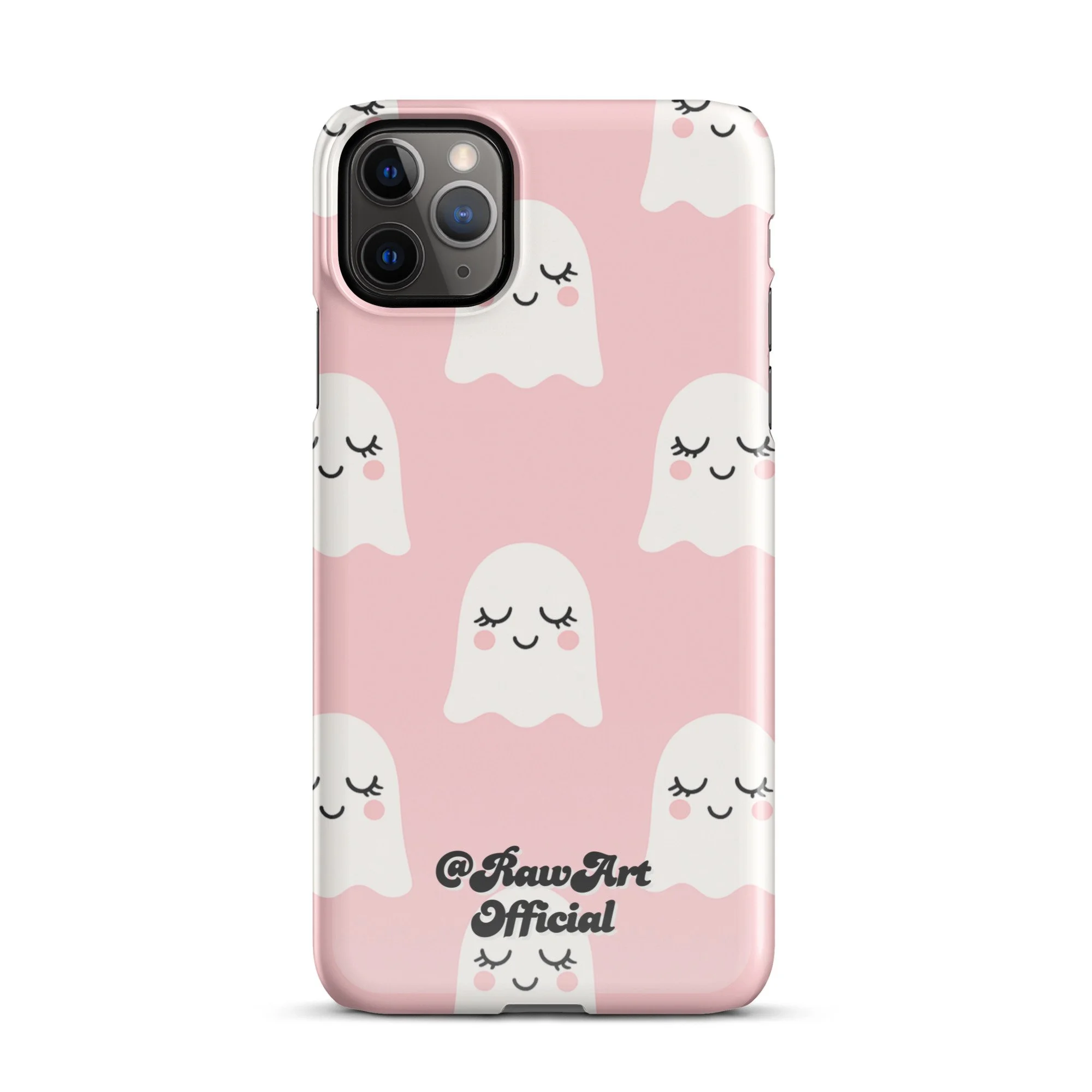 Pink iPhone case with white blushing ghost pattern, cute spooky design.