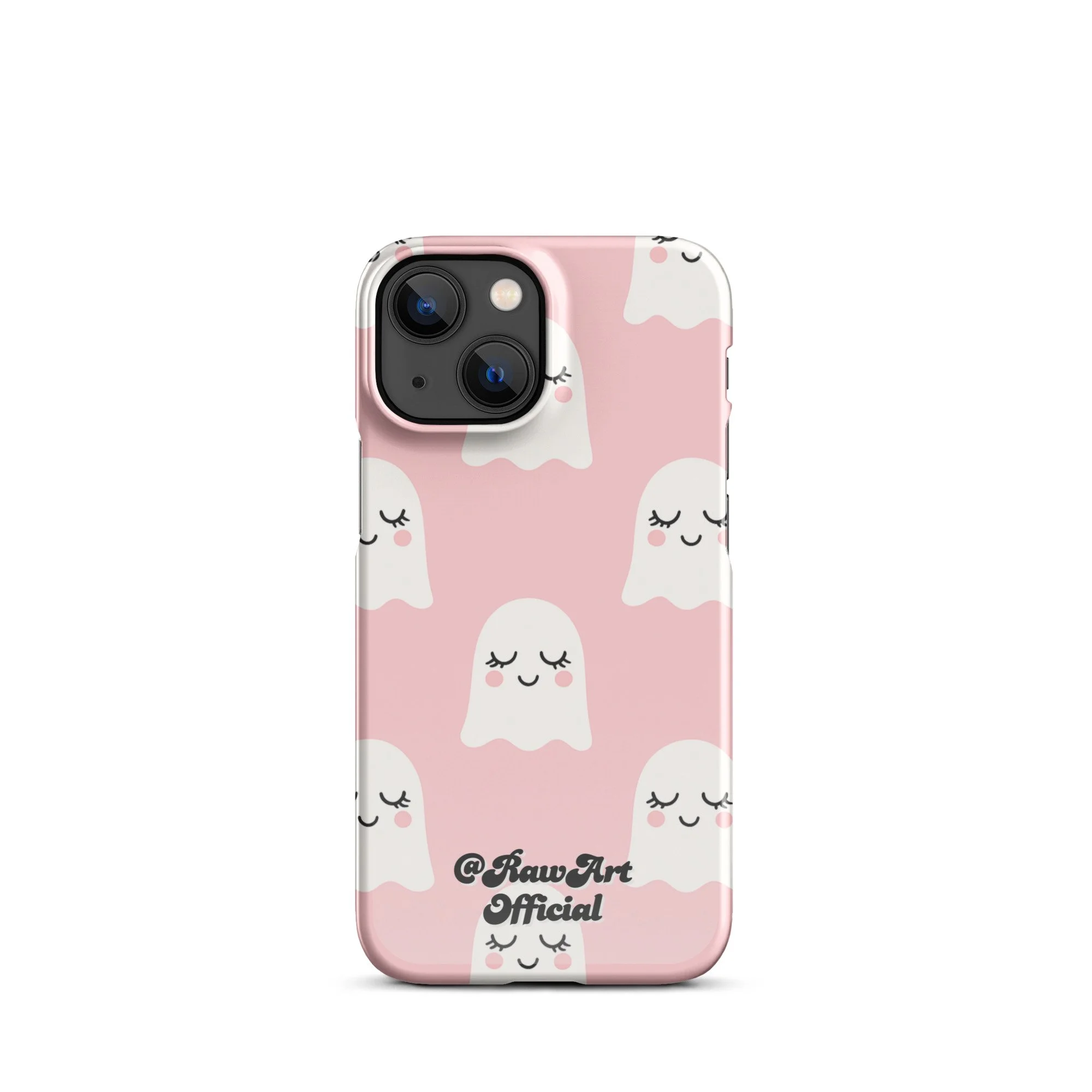 Pink iPhone case with white blushing ghost pattern, cute spooky design.