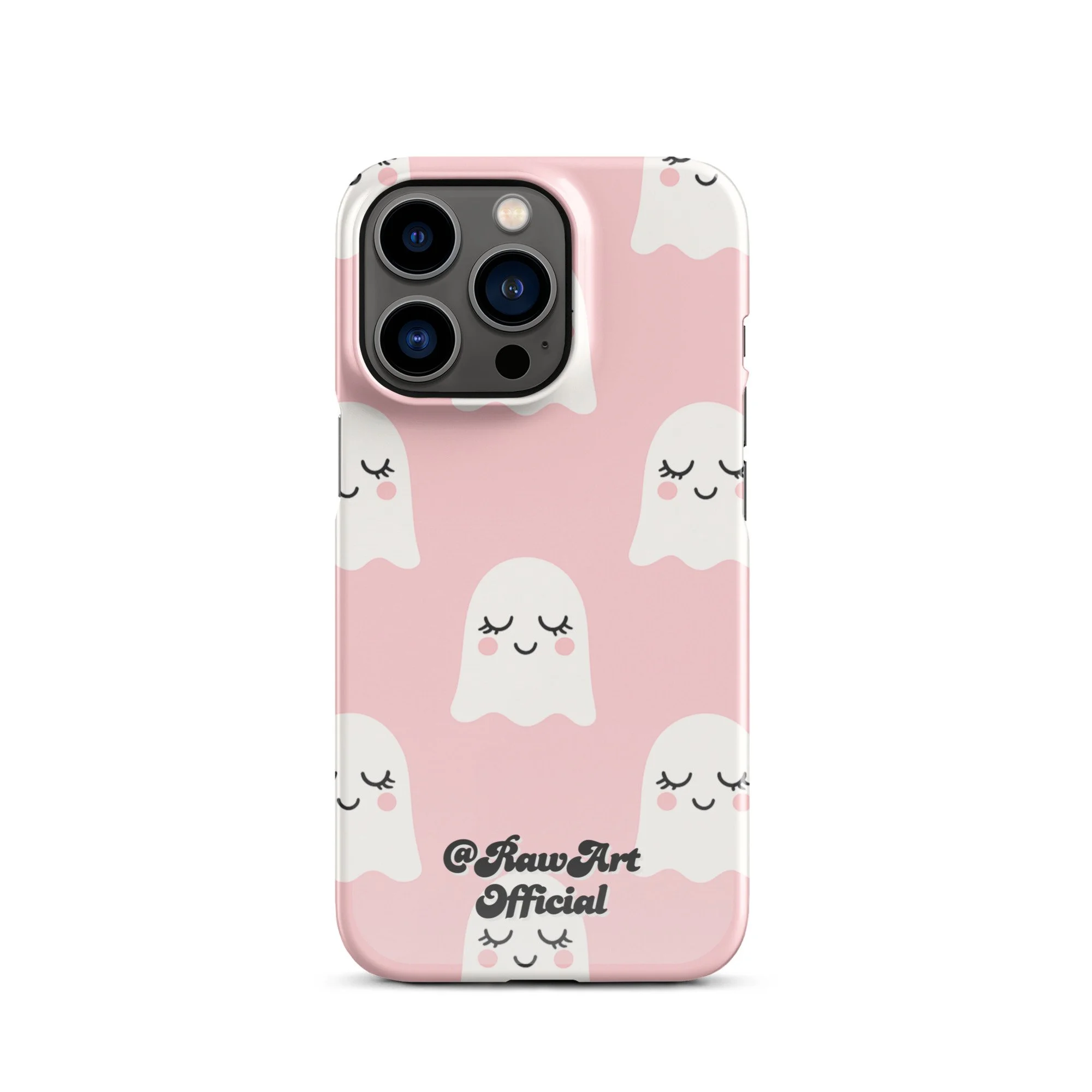 Pink iPhone case with white blushing ghost pattern, cute spooky design.