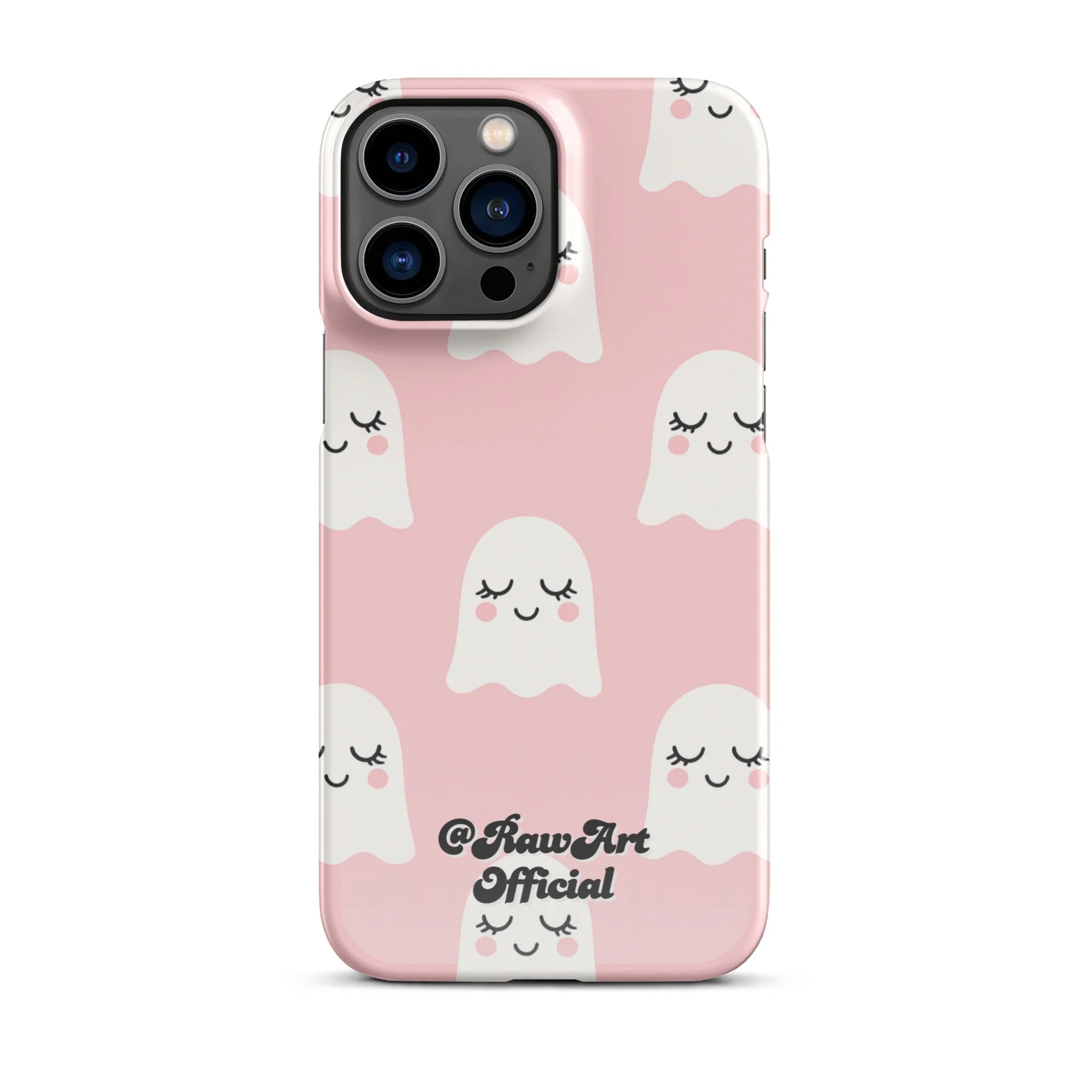Pink iPhone case with white blushing ghost pattern, cute spooky design.