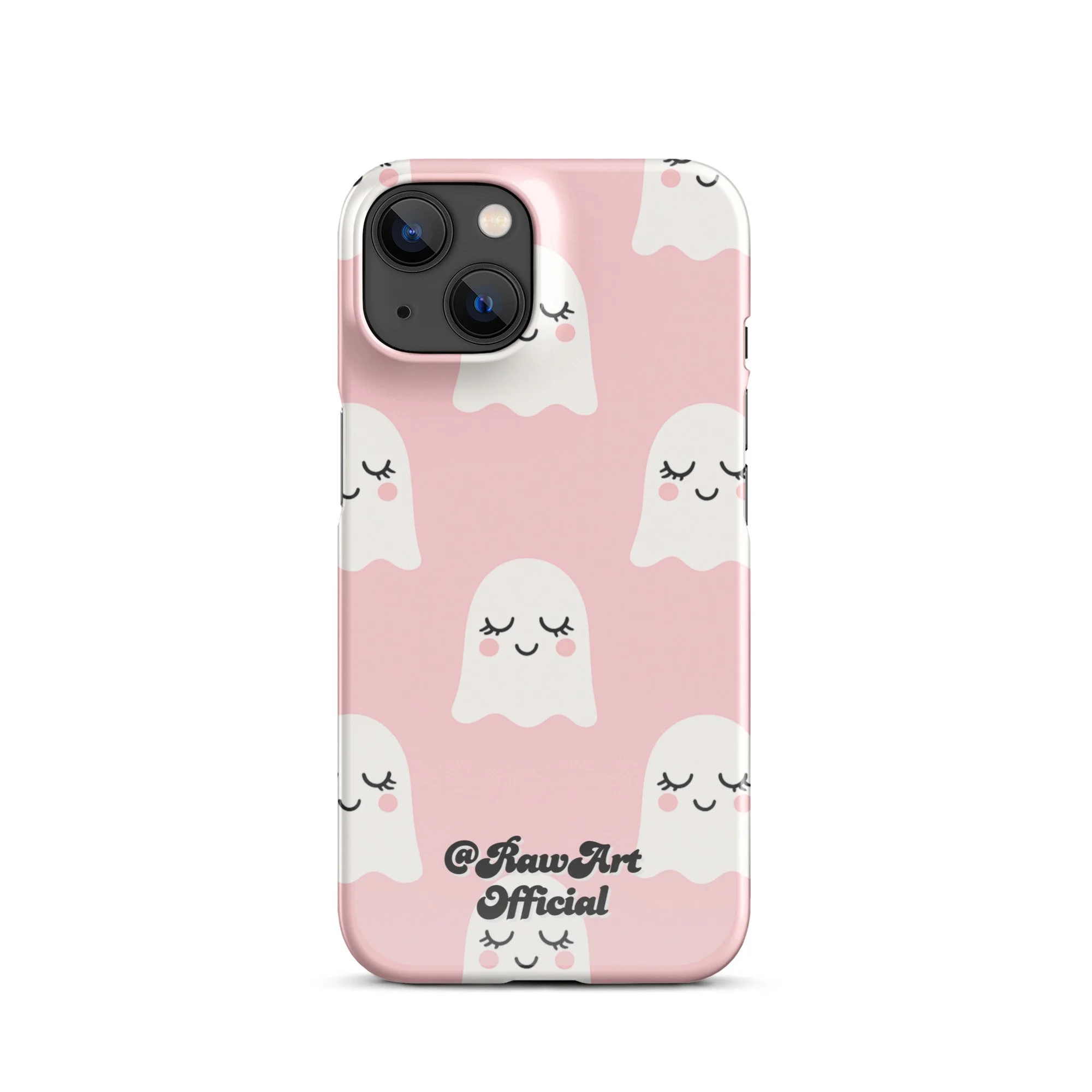 Pink iPhone case with white blushing ghost pattern, cute spooky design.