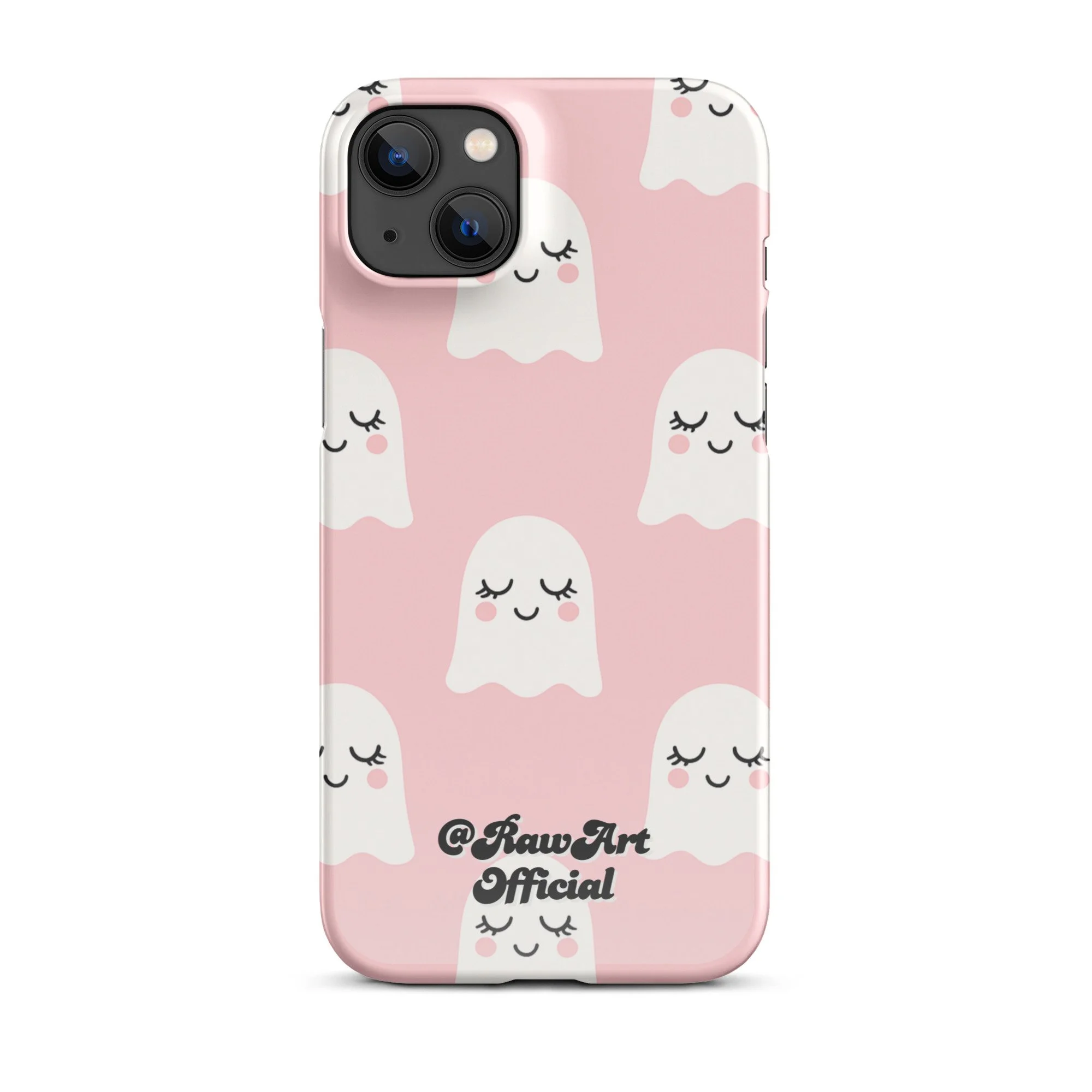 Pink iPhone case with white blushing ghost pattern, cute spooky design.