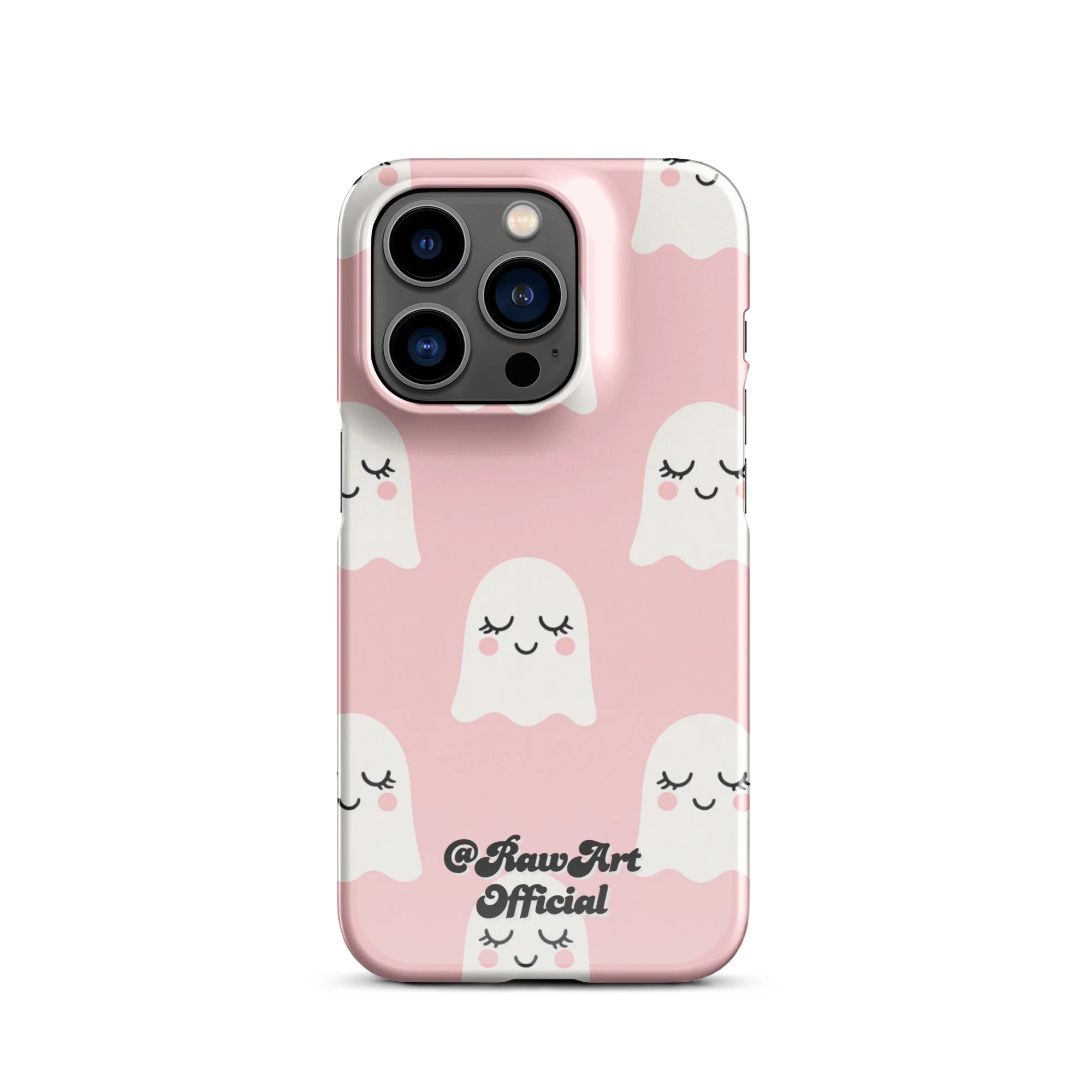 Pink iPhone case with white blushing ghost pattern, cute spooky design.