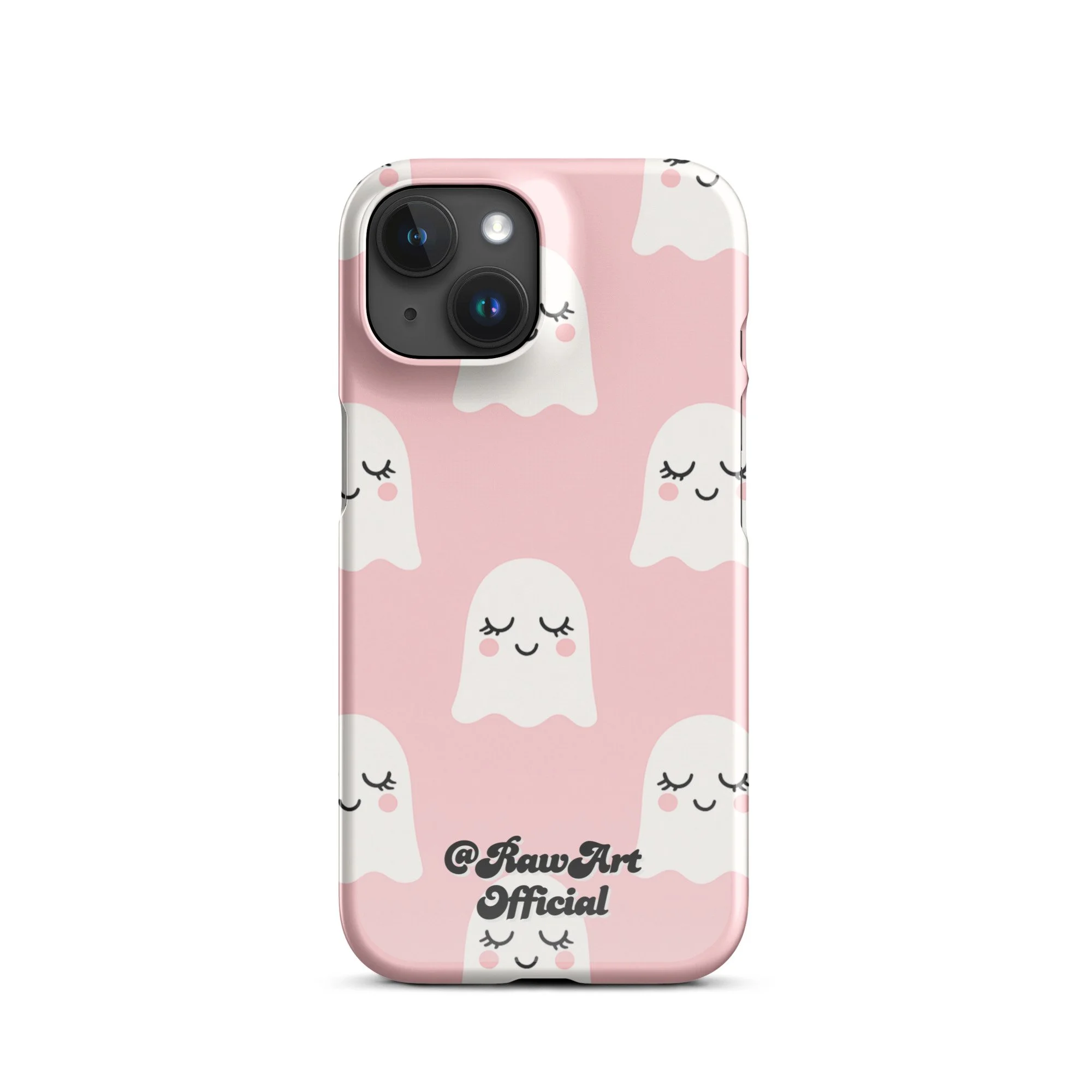 Pink iPhone case with white blushing ghost pattern, cute spooky design.