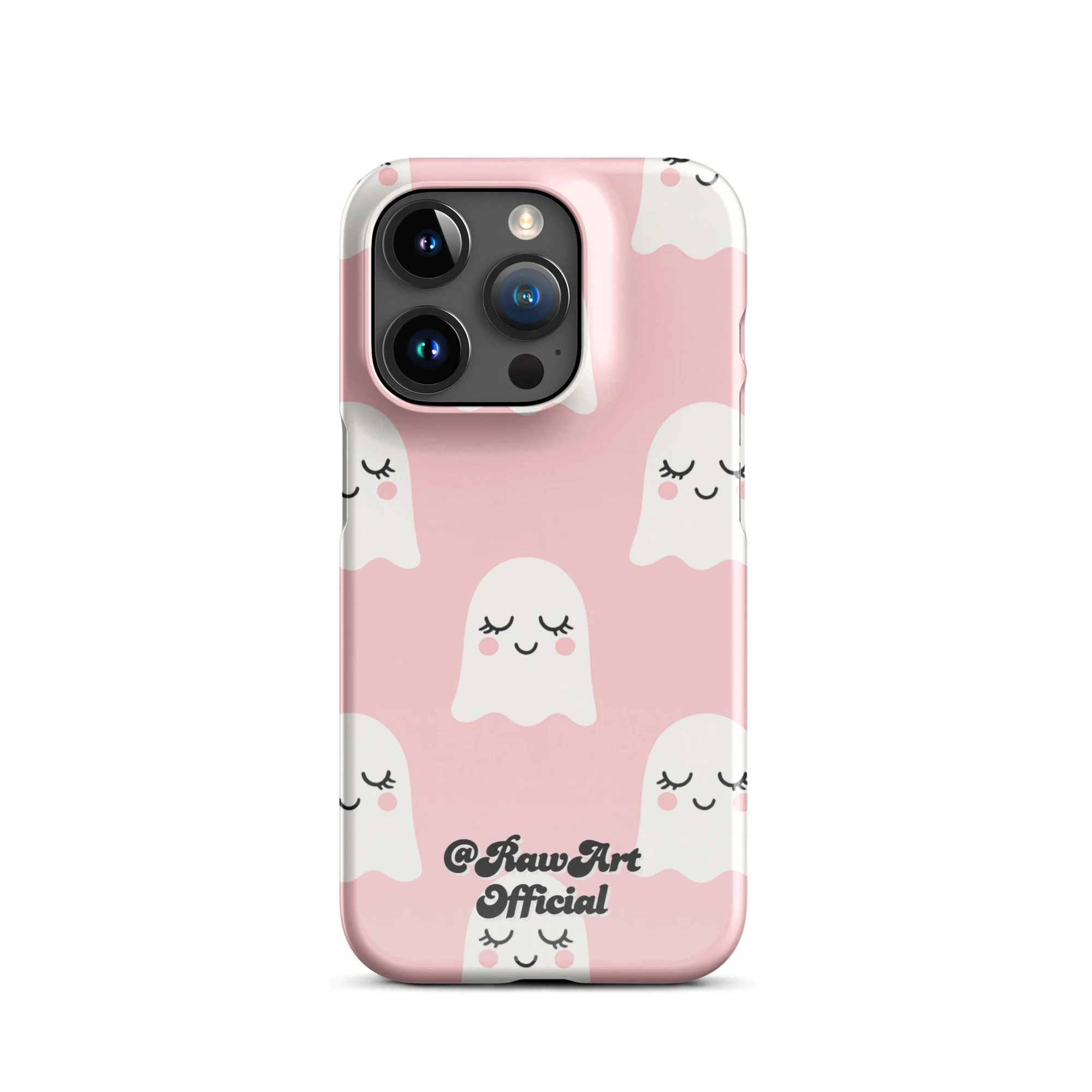 Pink iPhone case with white blushing ghost pattern, cute spooky design.