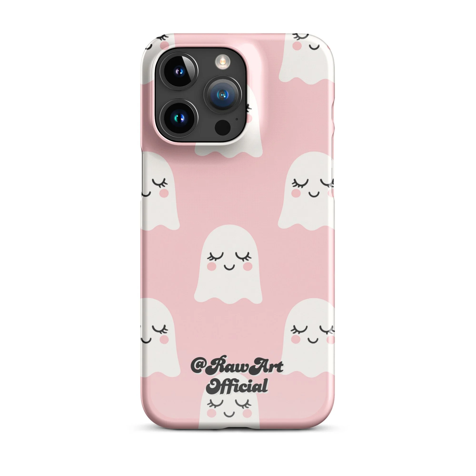 Pink iPhone case with white blushing ghost pattern, cute spooky design.