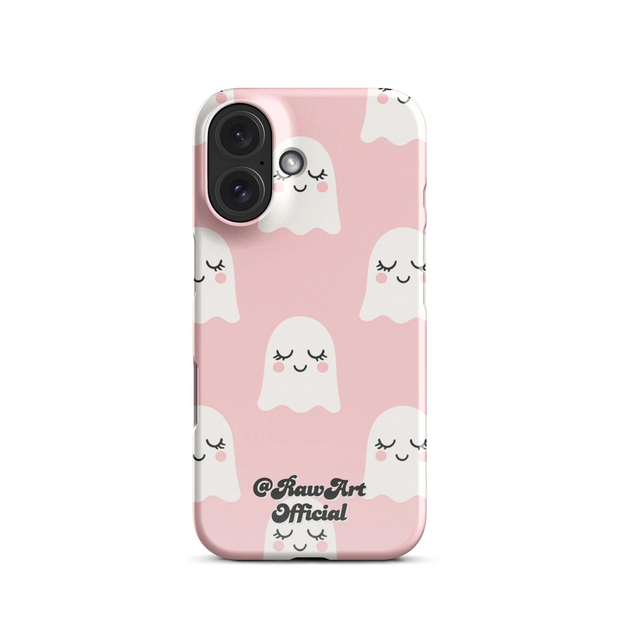 Pink iPhone case with white blushing ghost pattern, cute spooky design.