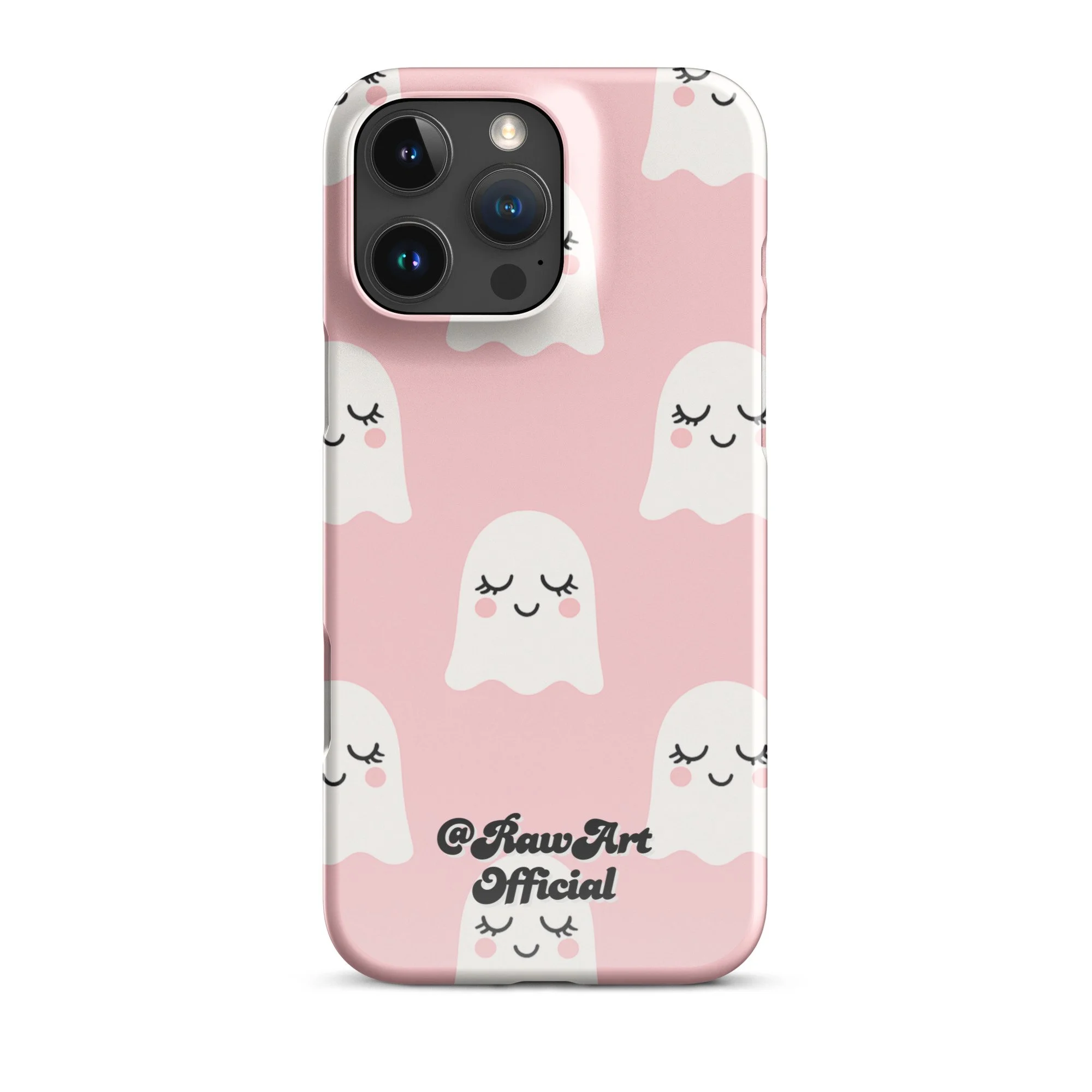 Pink iPhone case with white blushing ghost pattern, cute spooky design.