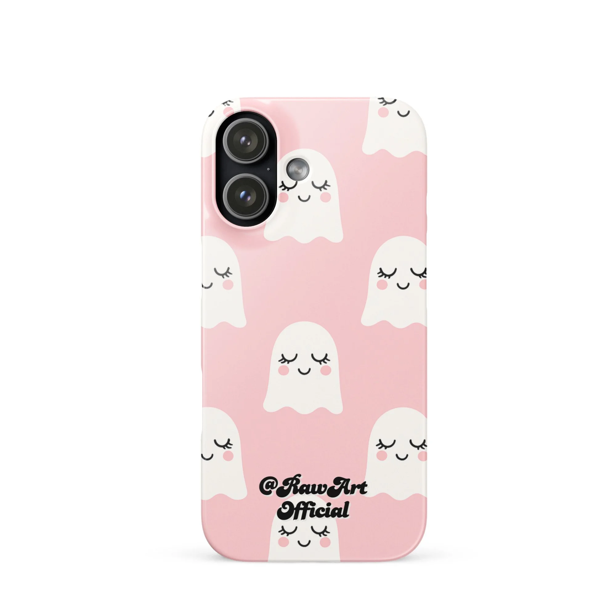 Pink iPhone case with white blushing ghost pattern, cute spooky design.