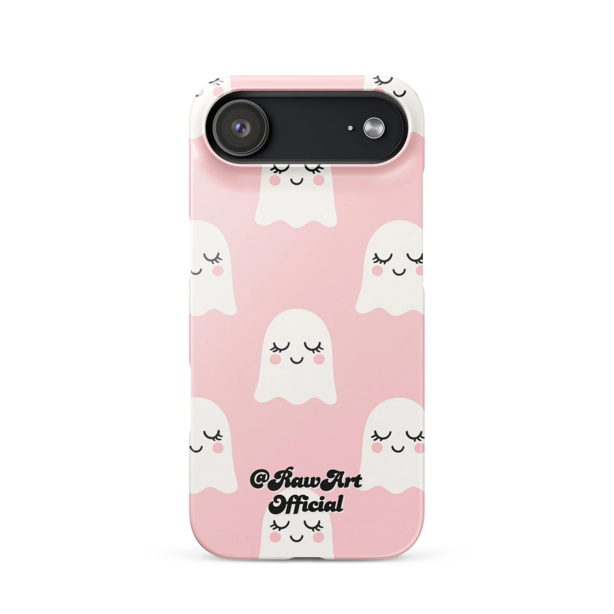 Pink iPhone case with white blushing ghost pattern, cute spooky design.