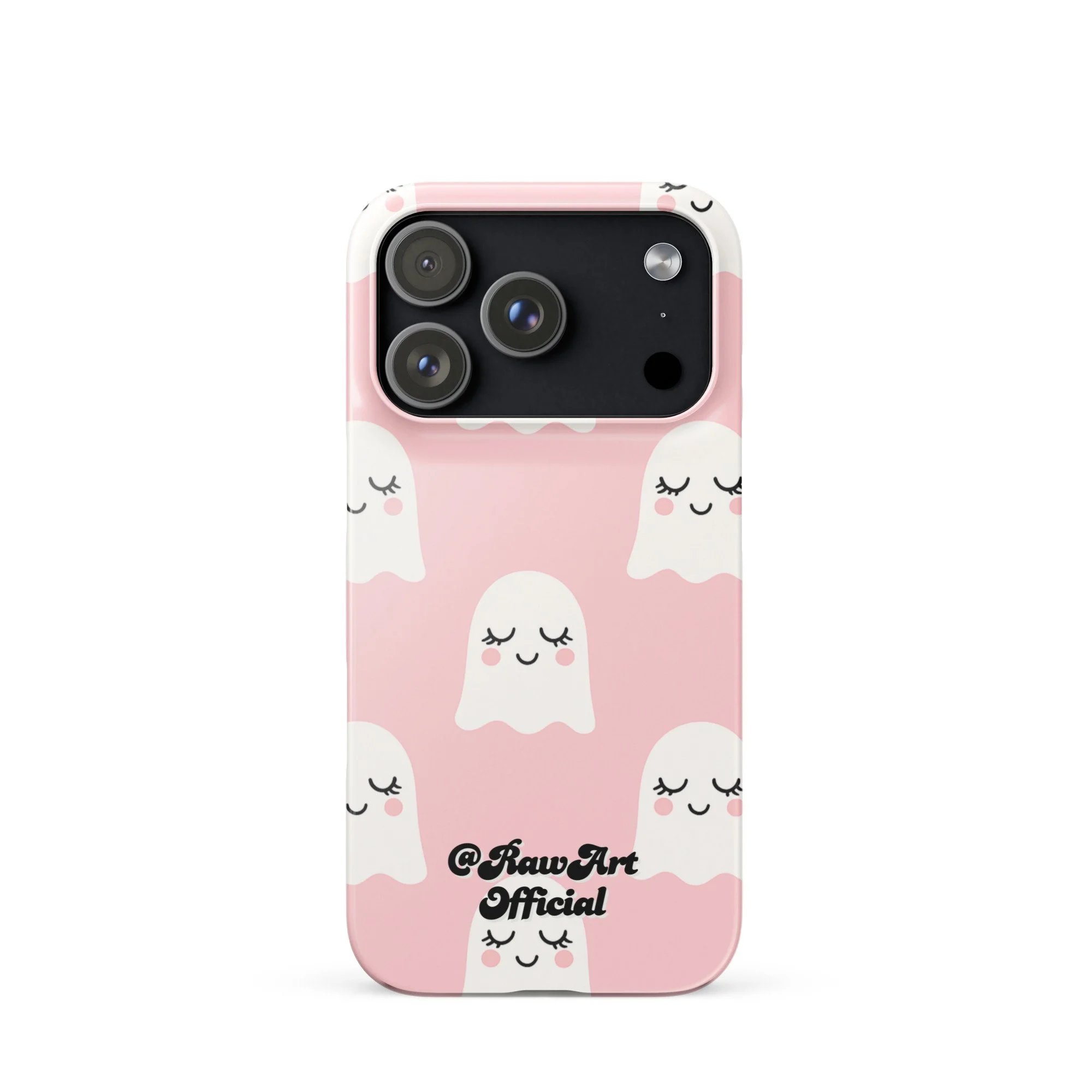 Pink iPhone case with white blushing ghost pattern, cute spooky design.