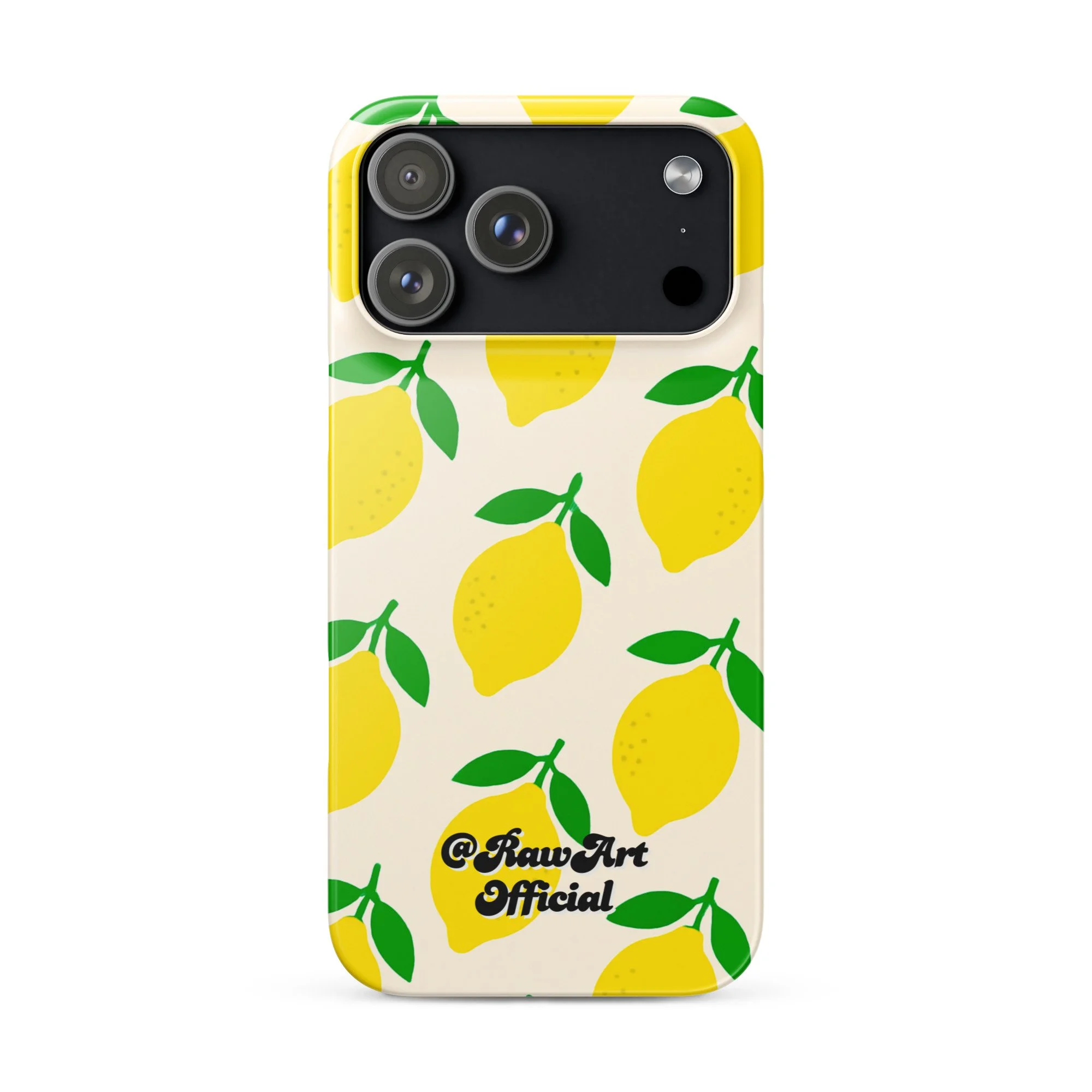 Cream iPhone case with yellow lemon fruit pattern, retro citrus design.