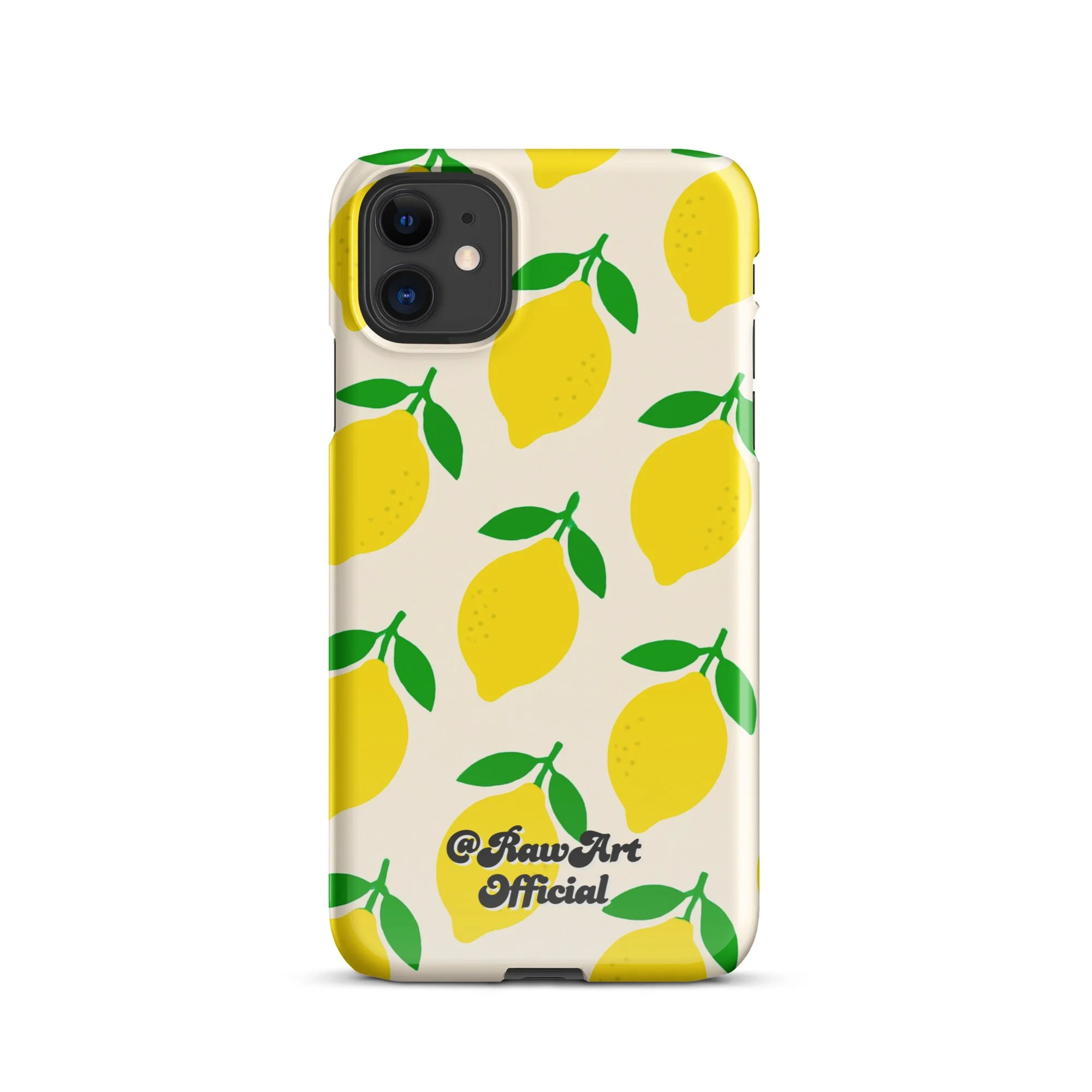 Cream iPhone case with yellow lemon fruit pattern, retro citrus design.