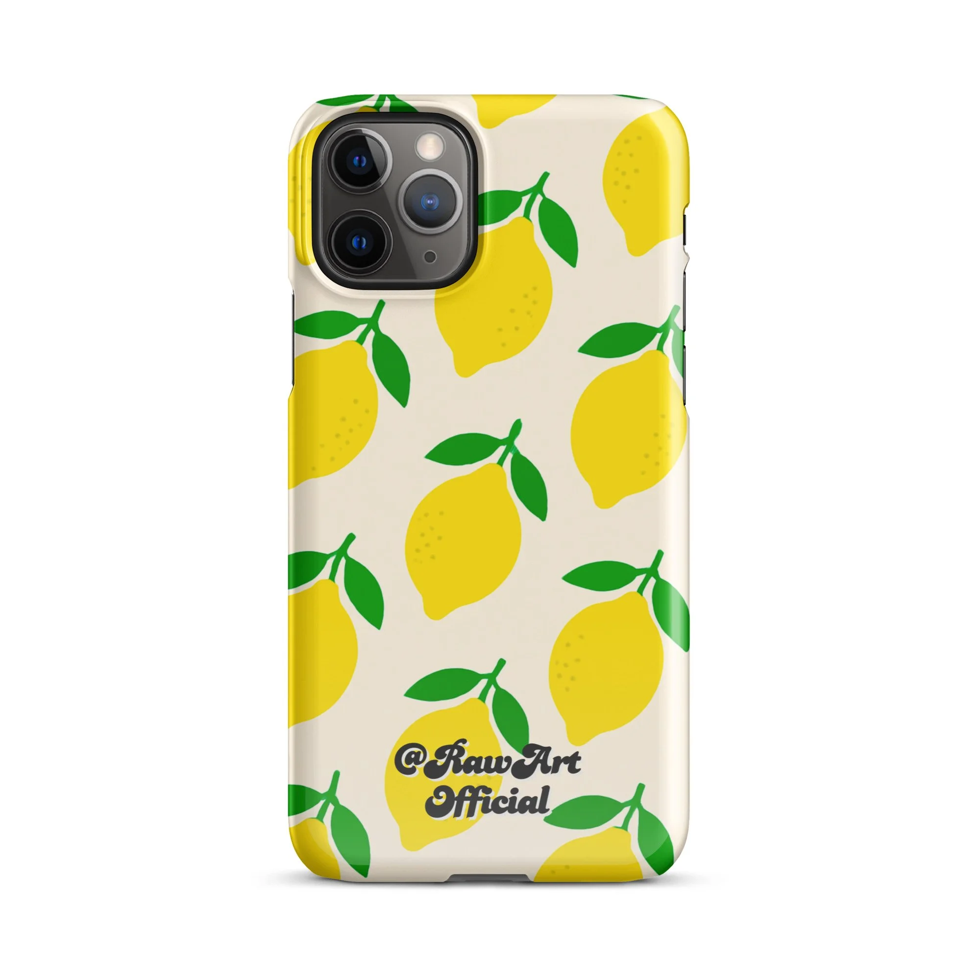 Cream iPhone case with yellow lemon fruit pattern, retro citrus design.