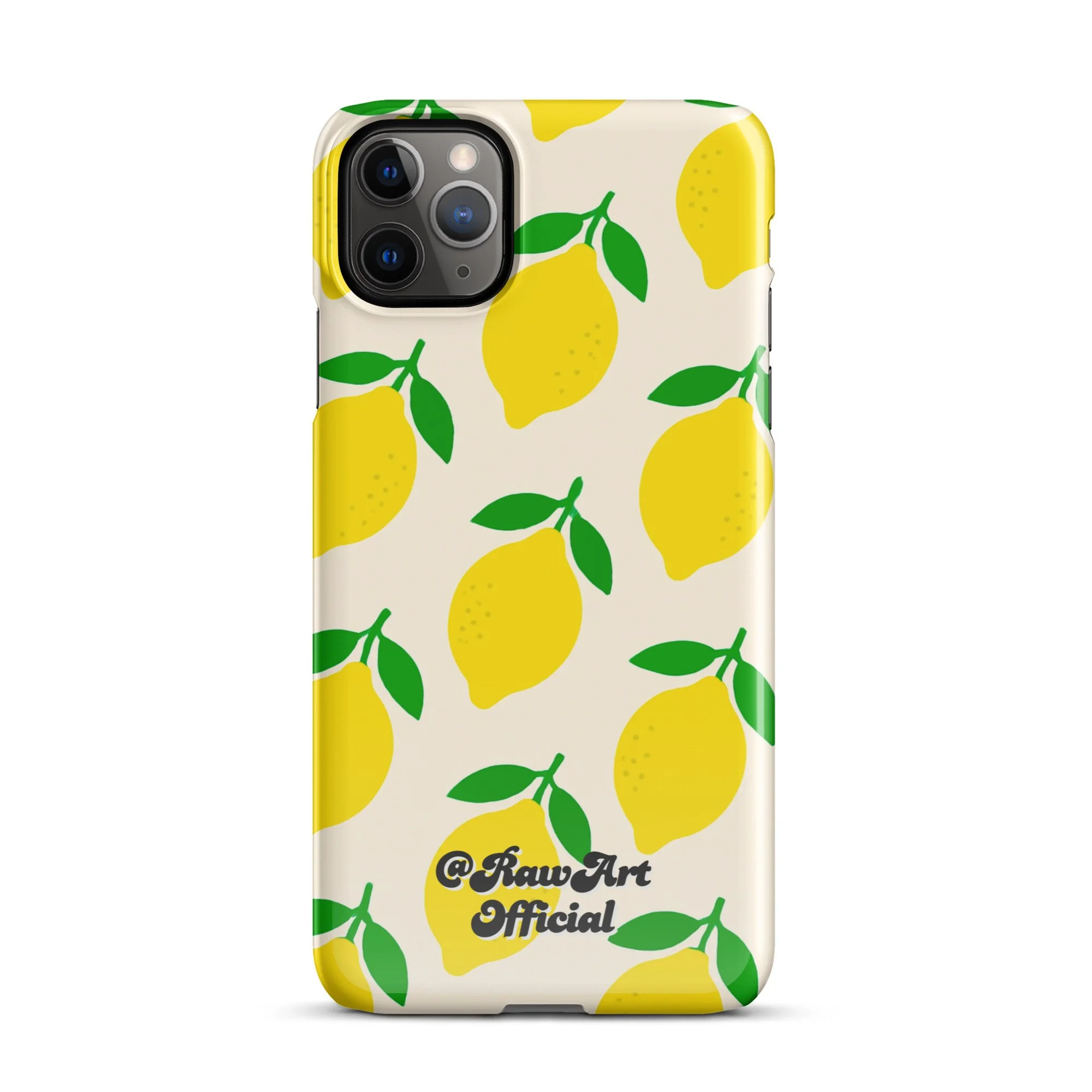 Cream iPhone case with yellow lemon fruit pattern, retro citrus design.