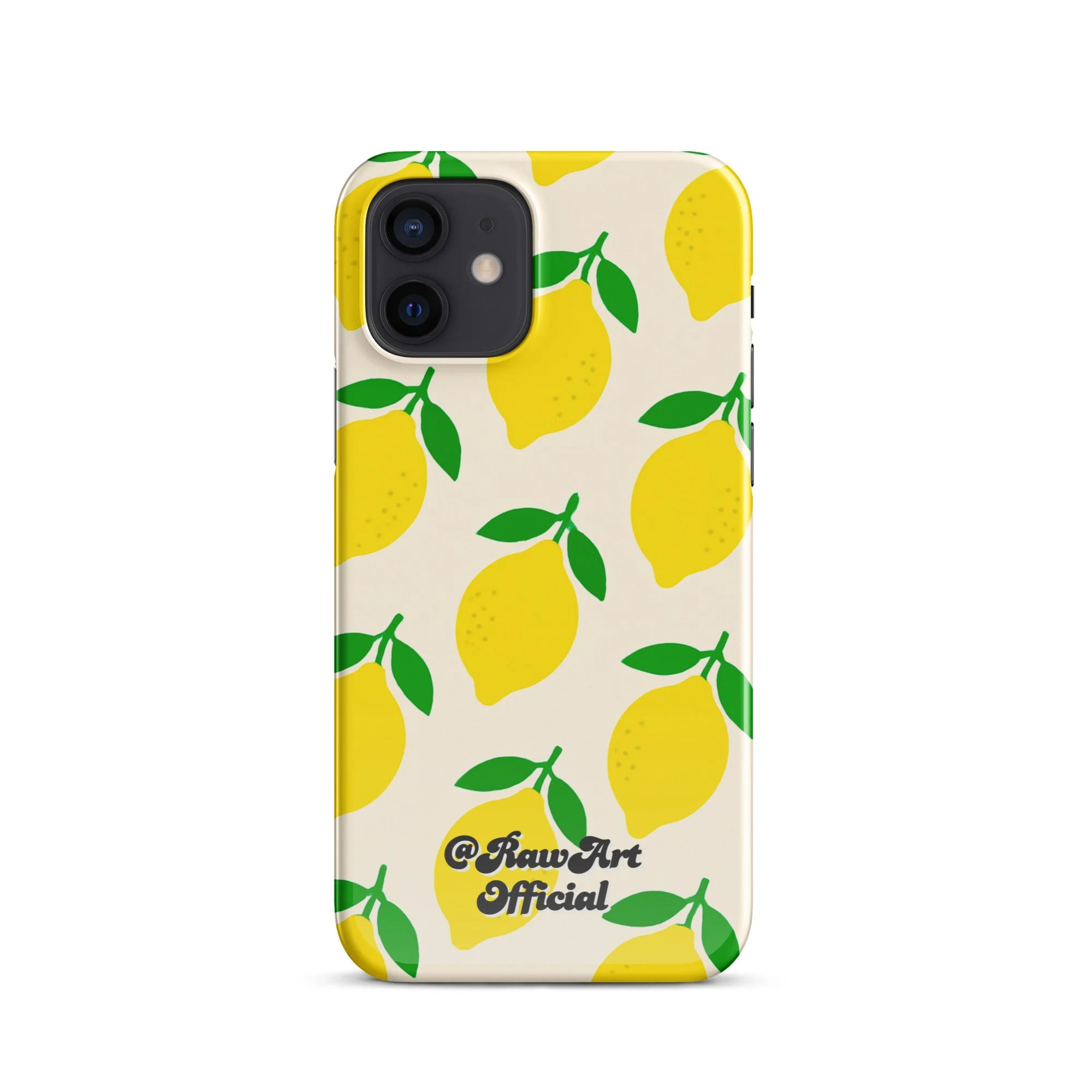 Cream iPhone case with yellow lemon fruit pattern, retro citrus design.