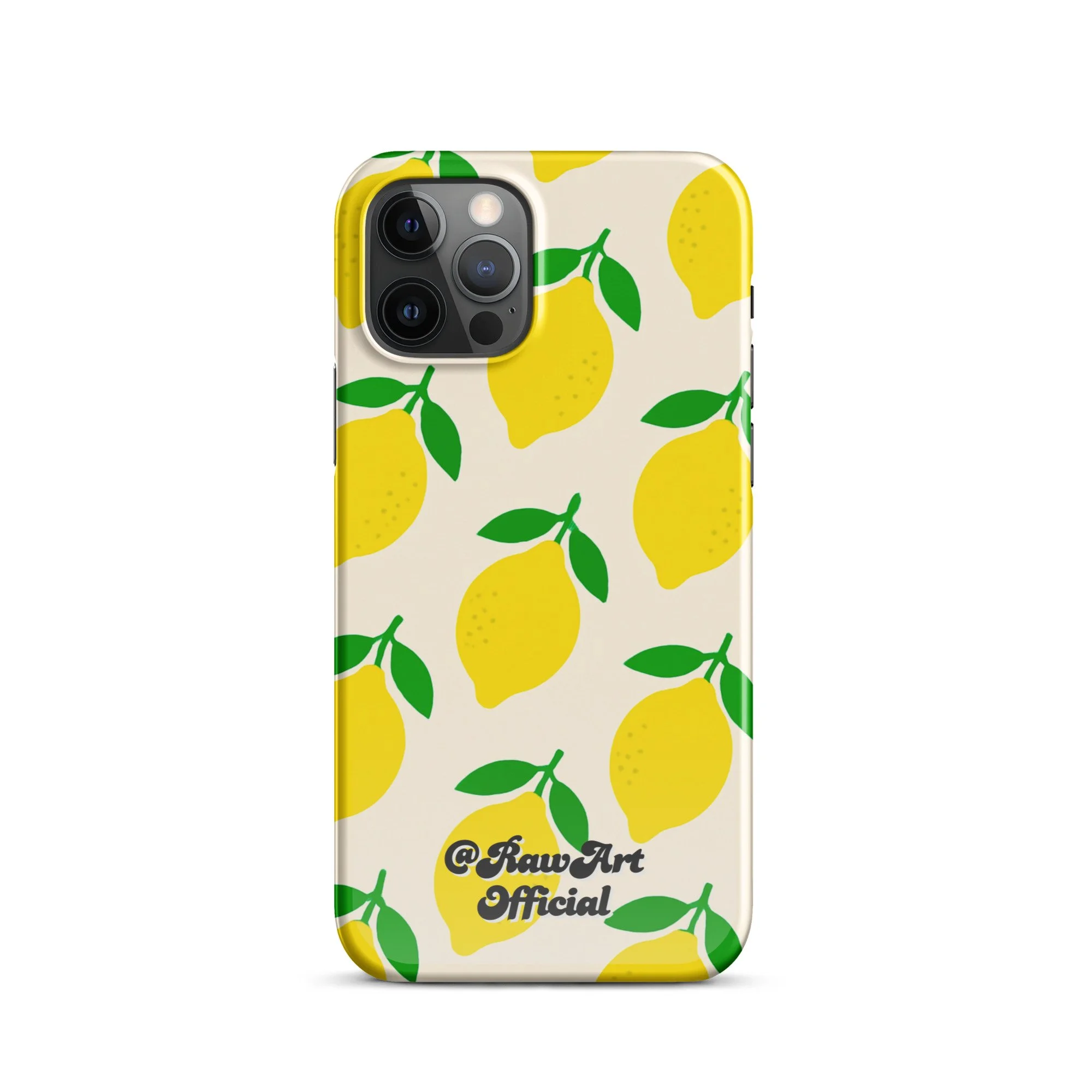 Cream iPhone case with yellow lemon fruit pattern, retro citrus design.