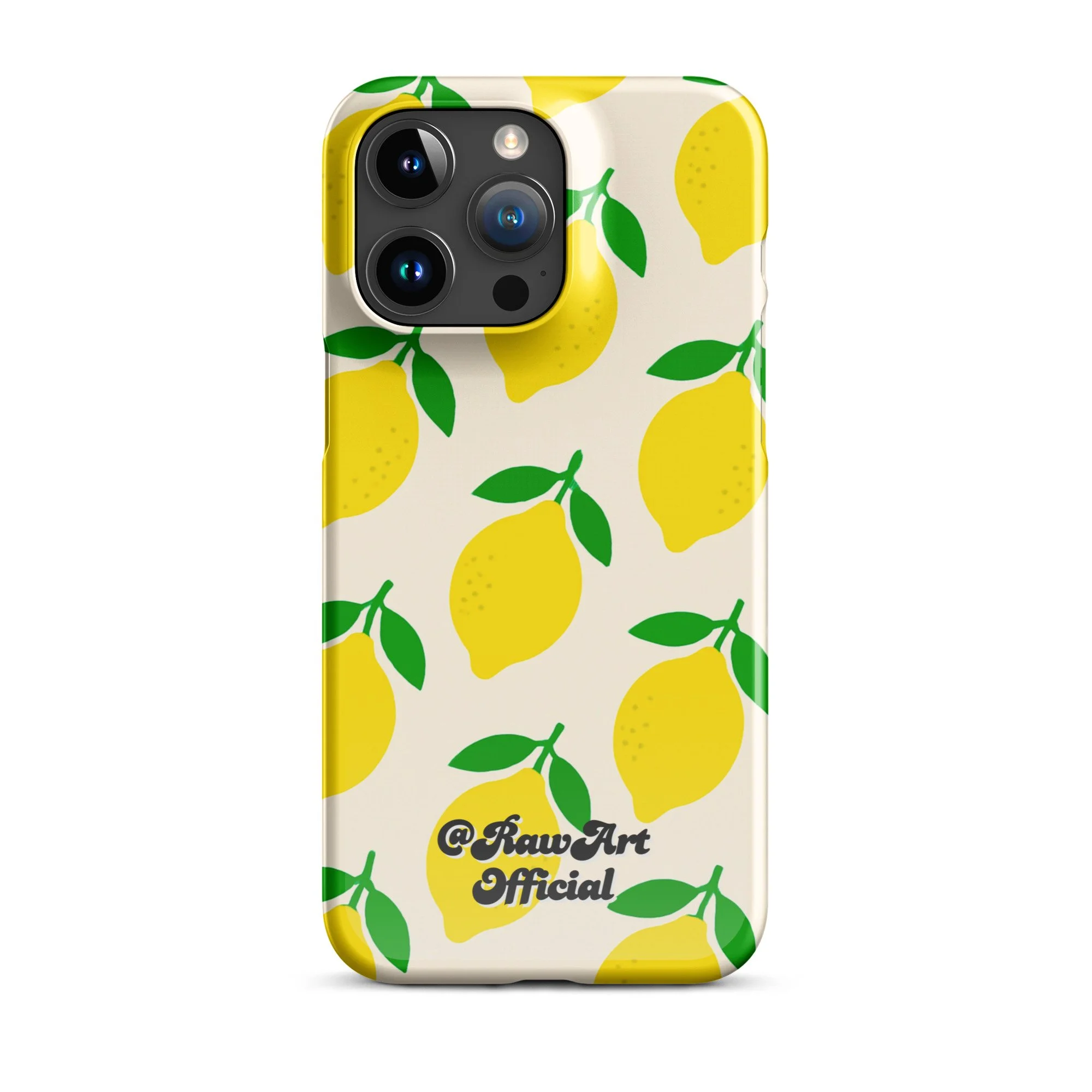 Cream iPhone case with yellow lemon fruit pattern, retro citrus design.