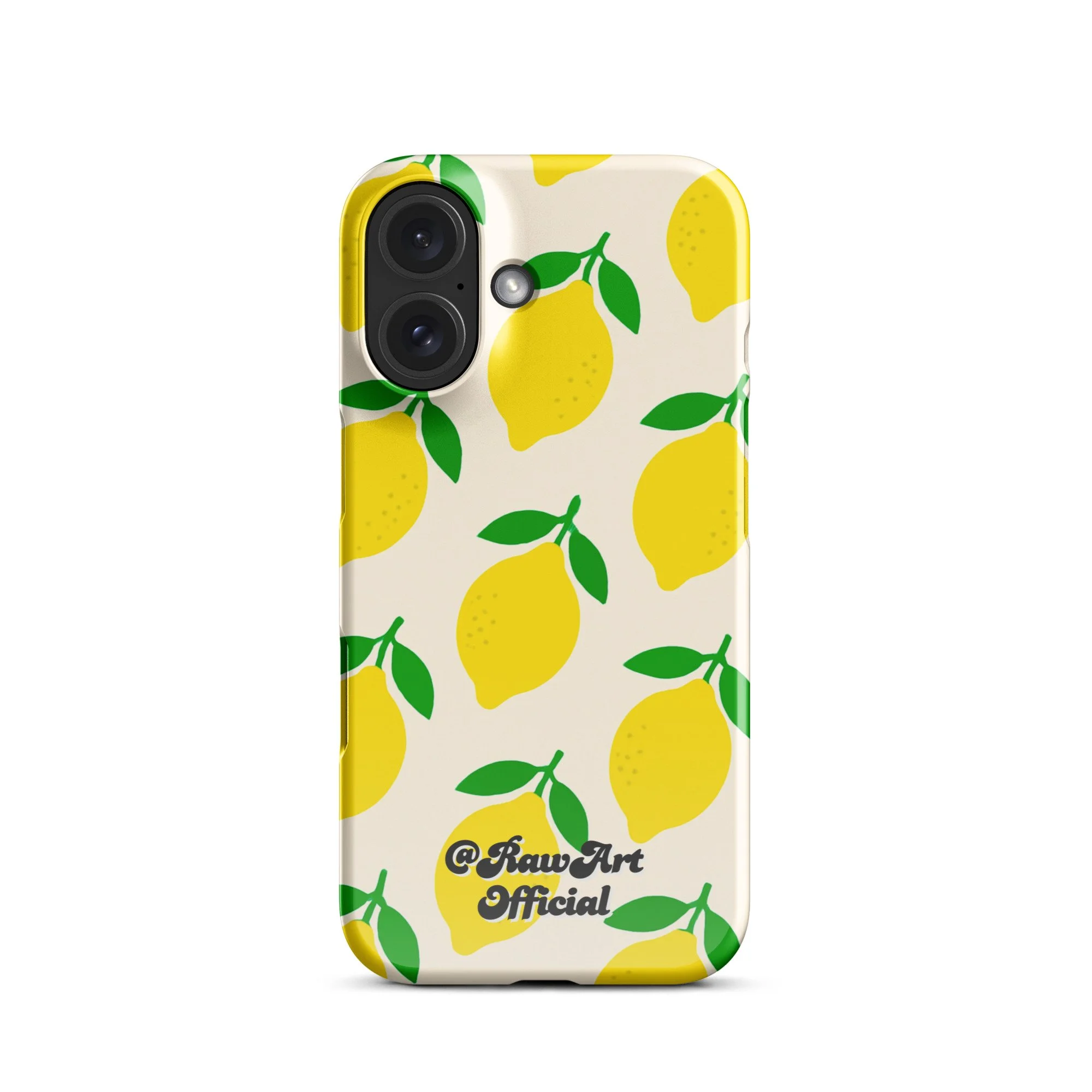 Cream iPhone case with yellow lemon fruit pattern, retro citrus design.