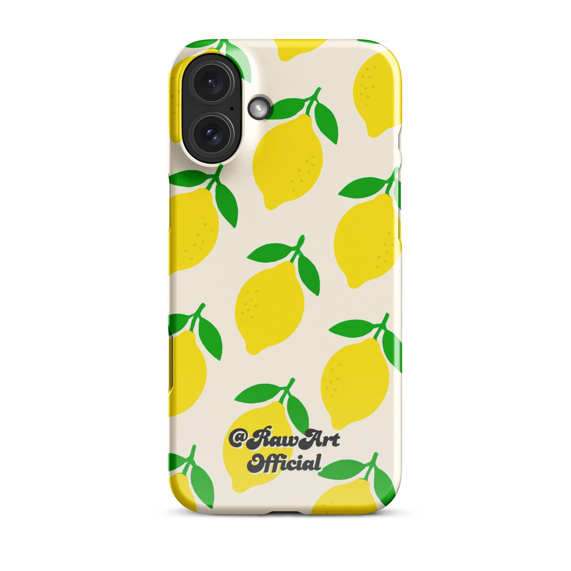 Cream iPhone case with yellow lemon fruit pattern, retro citrus design.