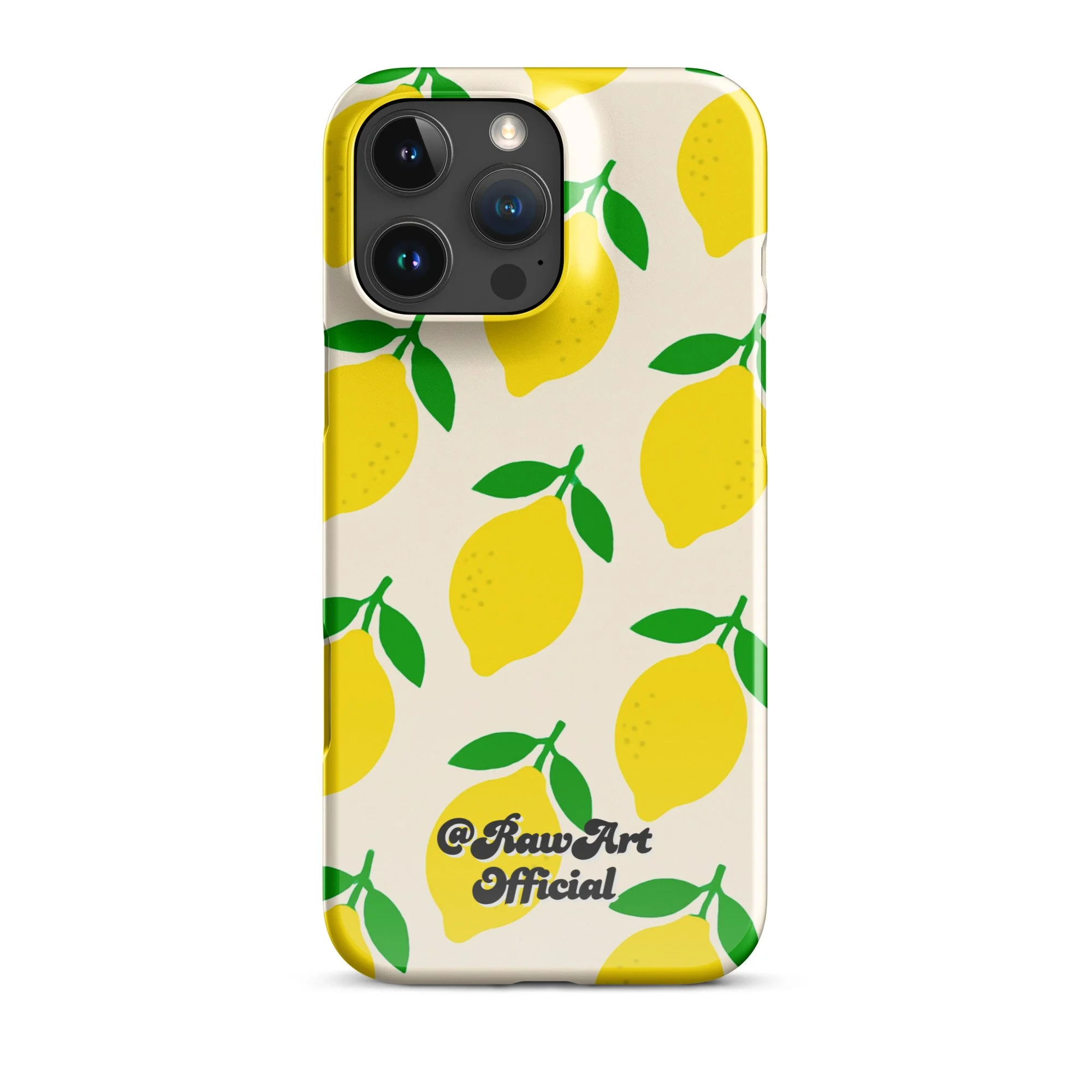 Cream iPhone case with yellow lemon fruit pattern, retro citrus design.