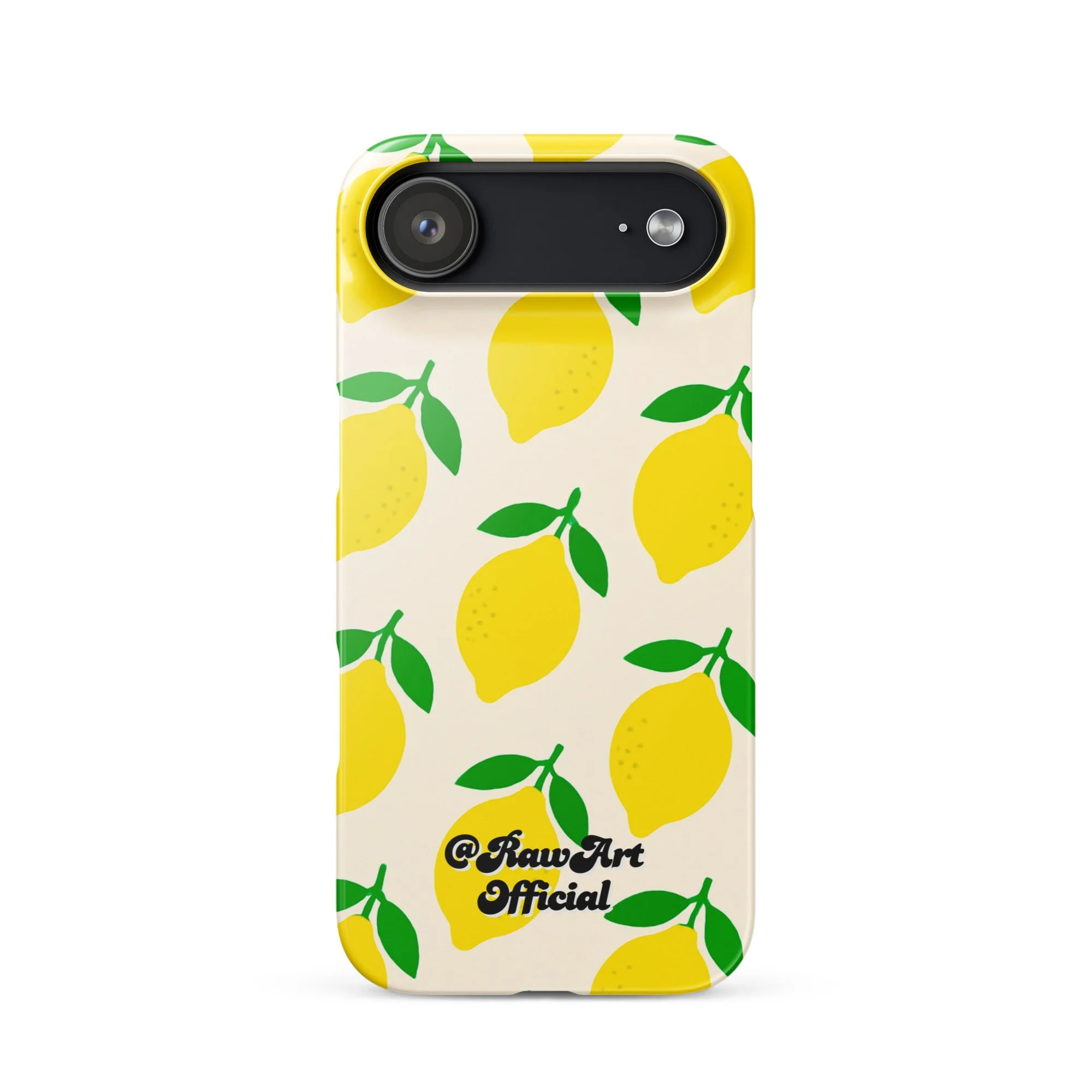 Cream iPhone case with yellow lemon fruit pattern, retro citrus design.