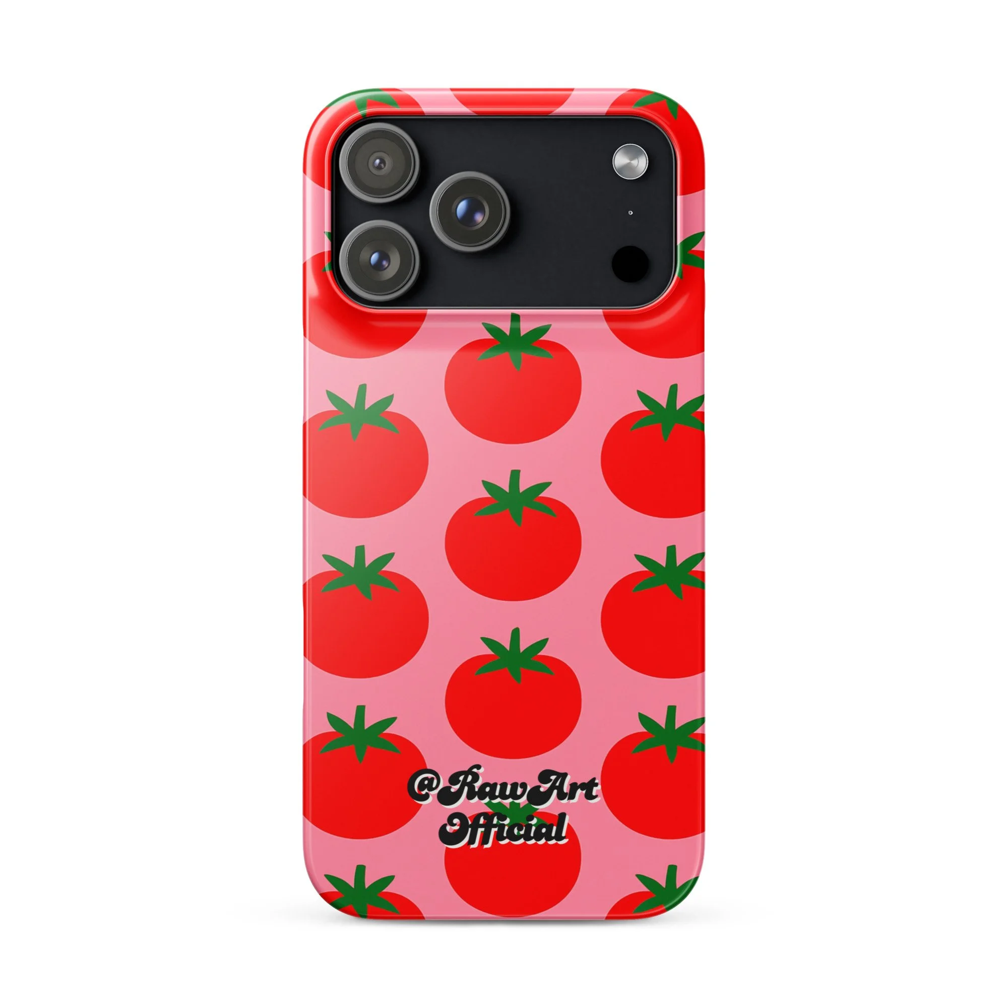 Pink iPhone case with red tomato fruit pattern, retro fruity design.