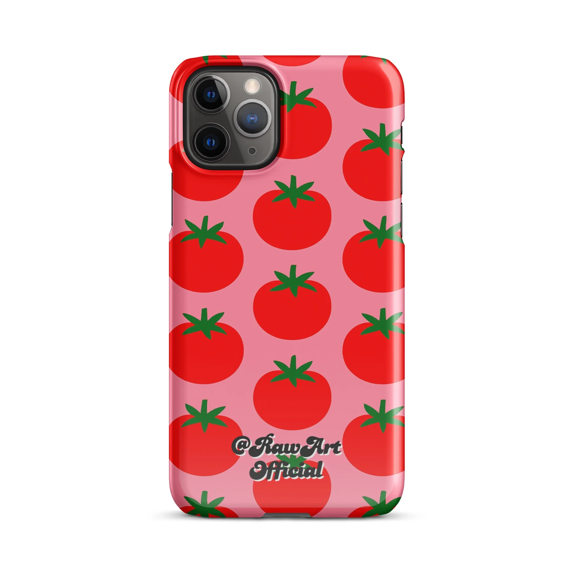 Pink iPhone case with red tomato fruit pattern, retro fruity design.