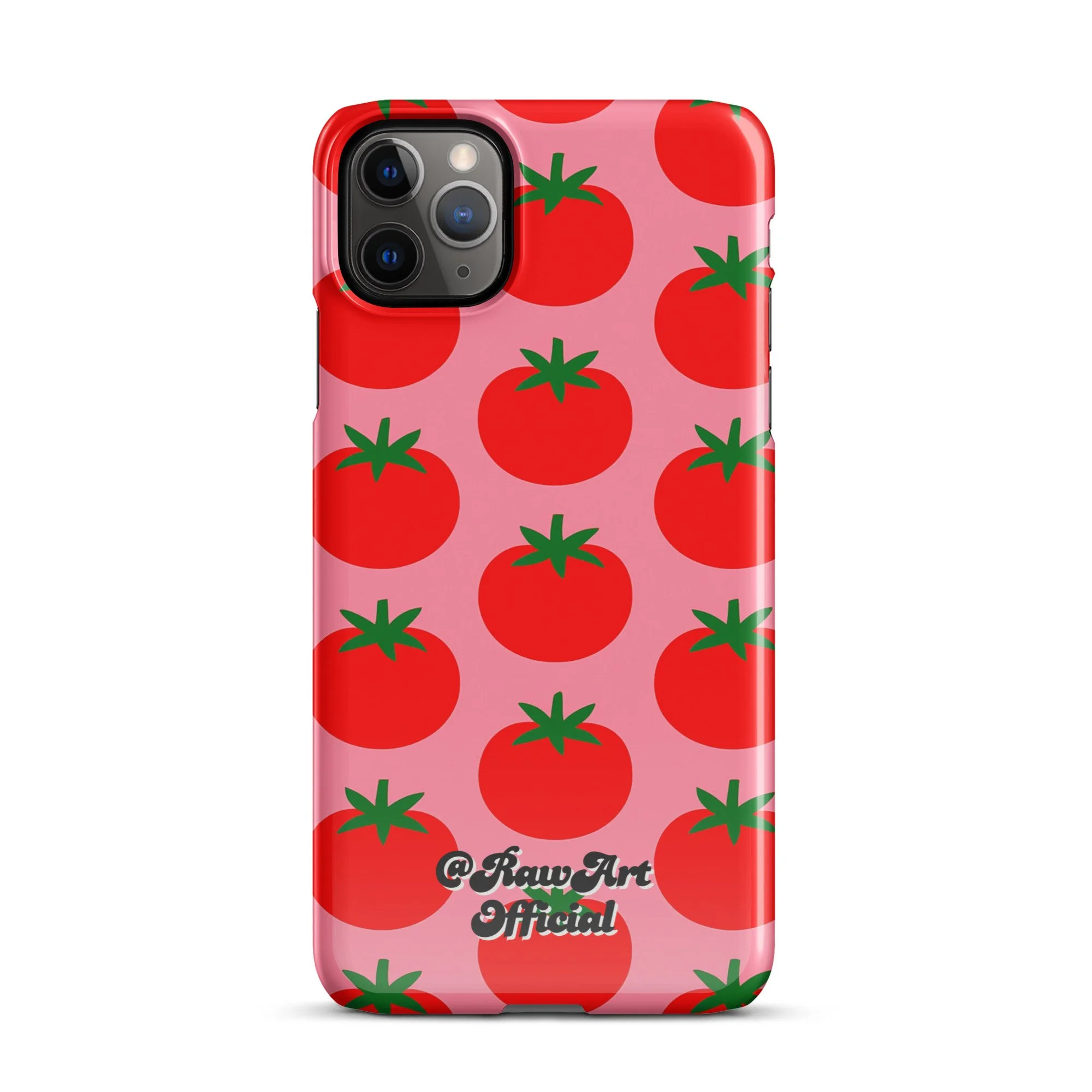 Pink iPhone case with red tomato fruit pattern, retro fruity design.