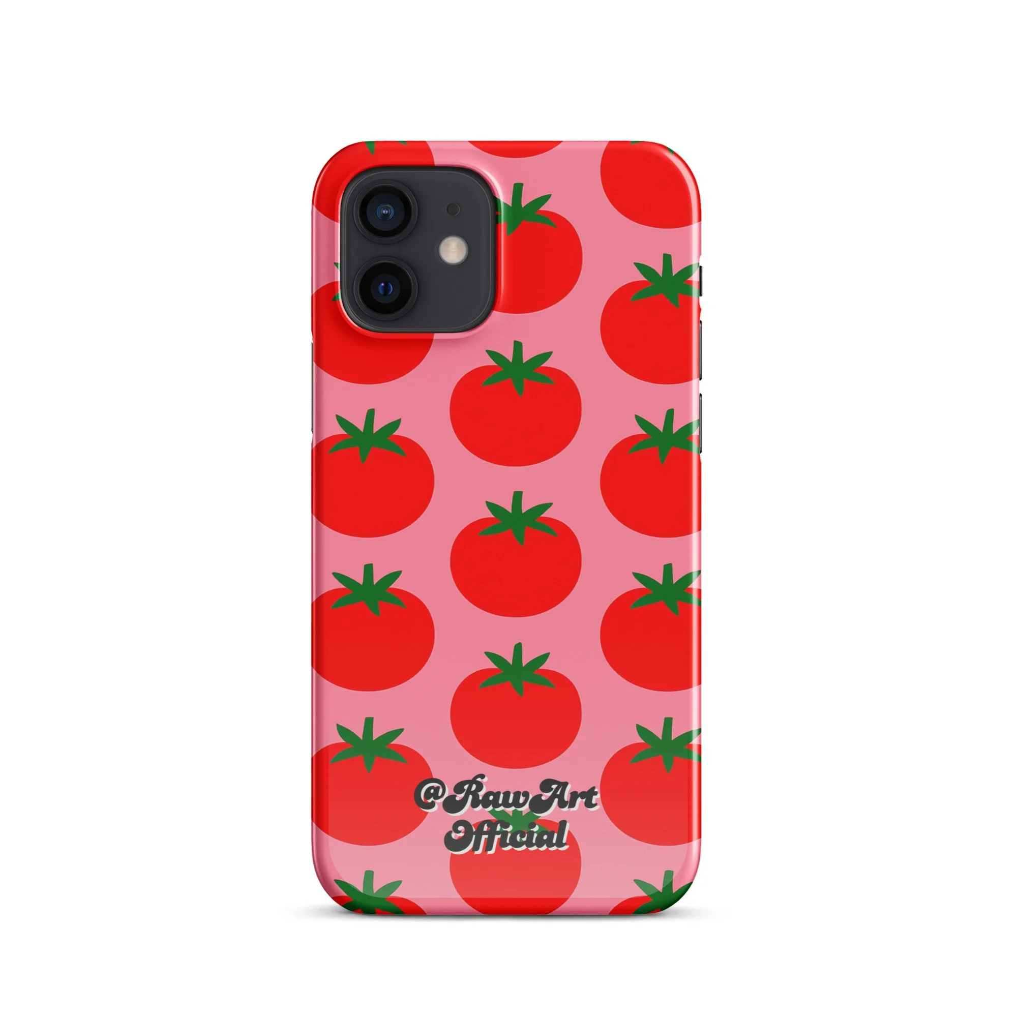 Pink iPhone case with red tomato fruit pattern, retro fruity design.