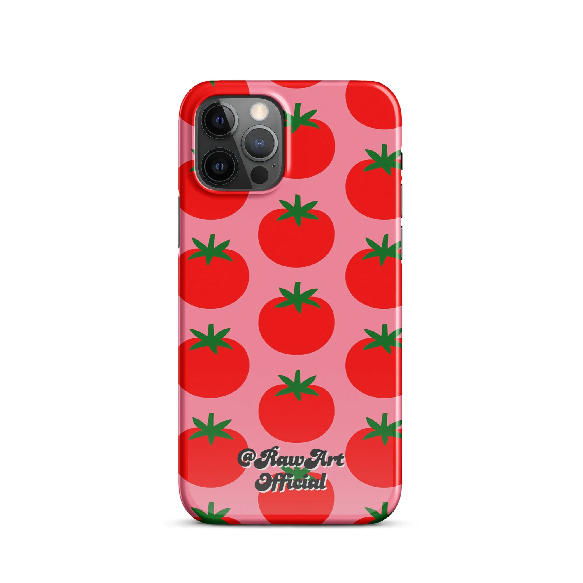 Pink iPhone case with red tomato fruit pattern, retro fruity design.