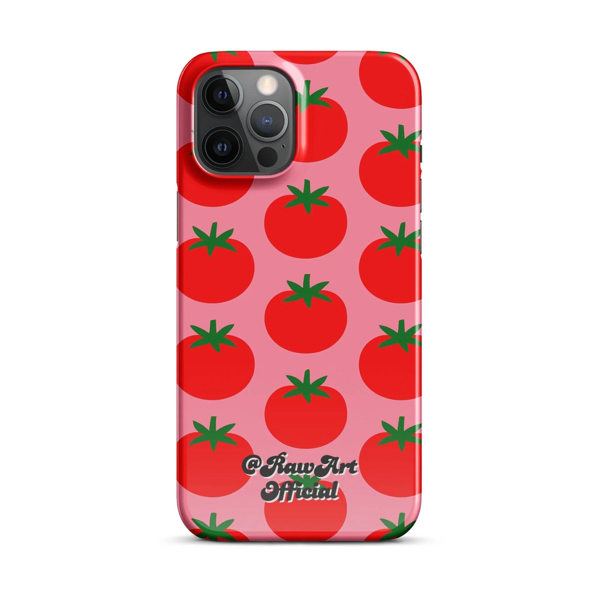 Pink iPhone case with red tomato fruit pattern, retro fruity design.