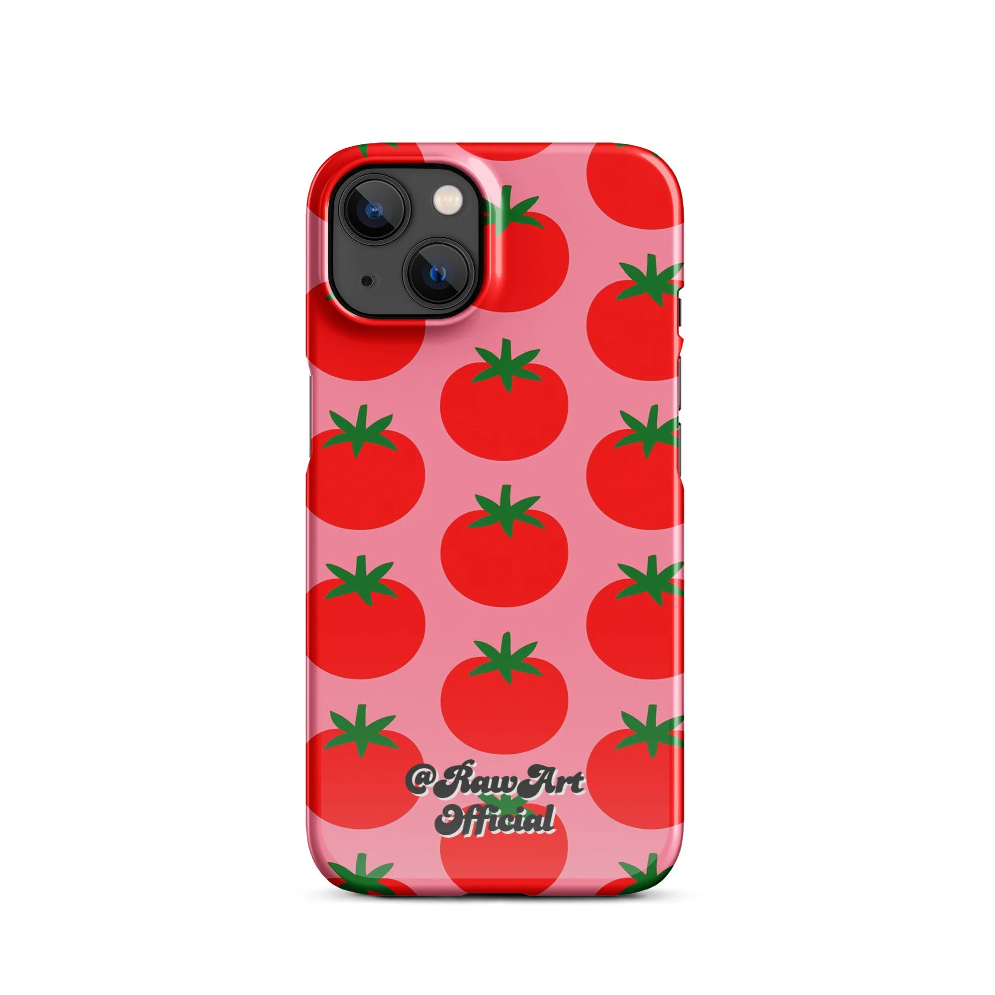 Pink iPhone case with red tomato fruit pattern, retro fruity design.