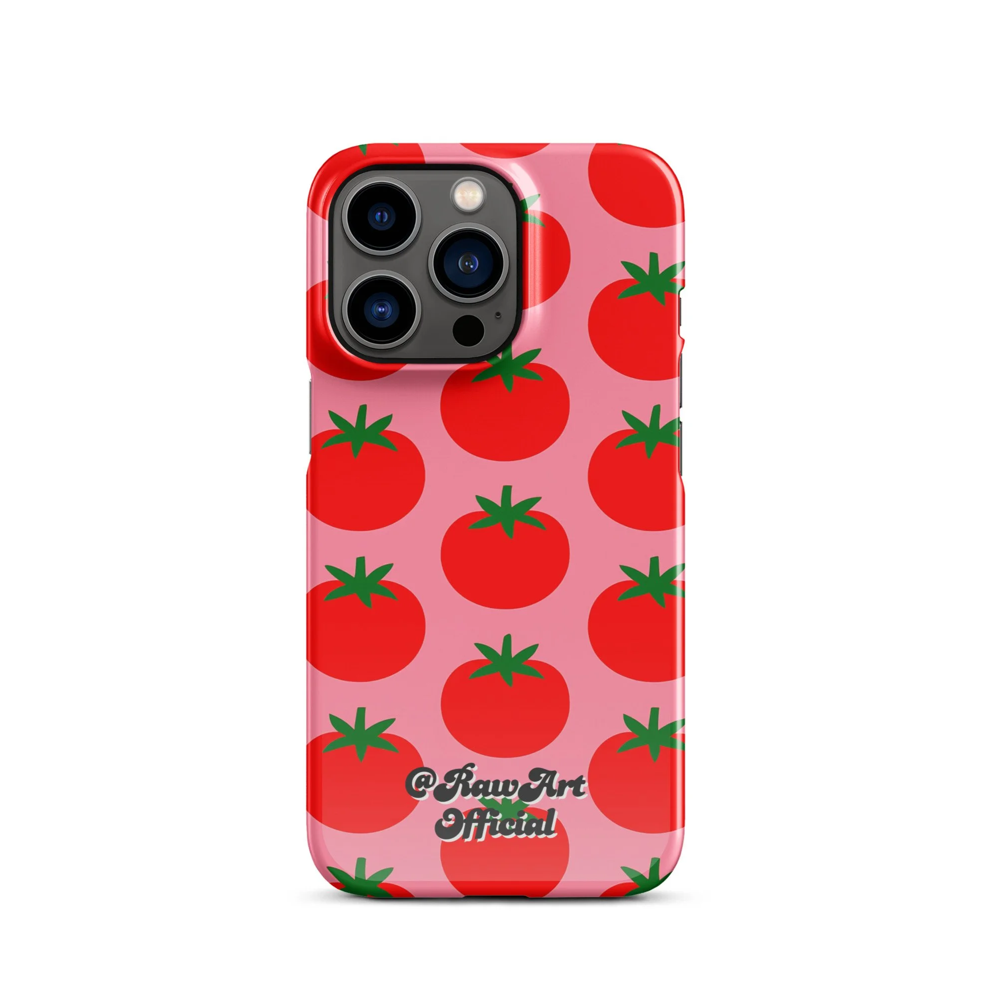 Pink iPhone case with red tomato fruit pattern, retro fruity design.