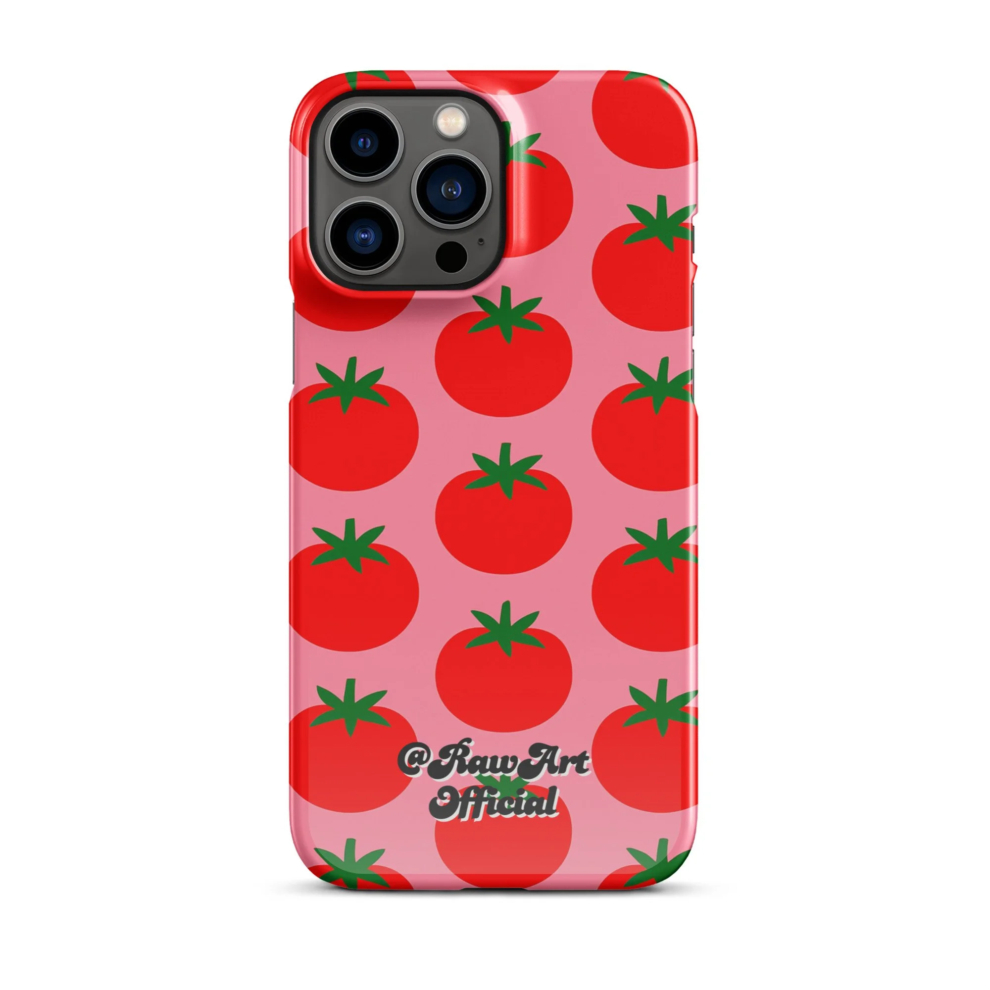 Pink iPhone case with red tomato fruit pattern, retro fruity design.