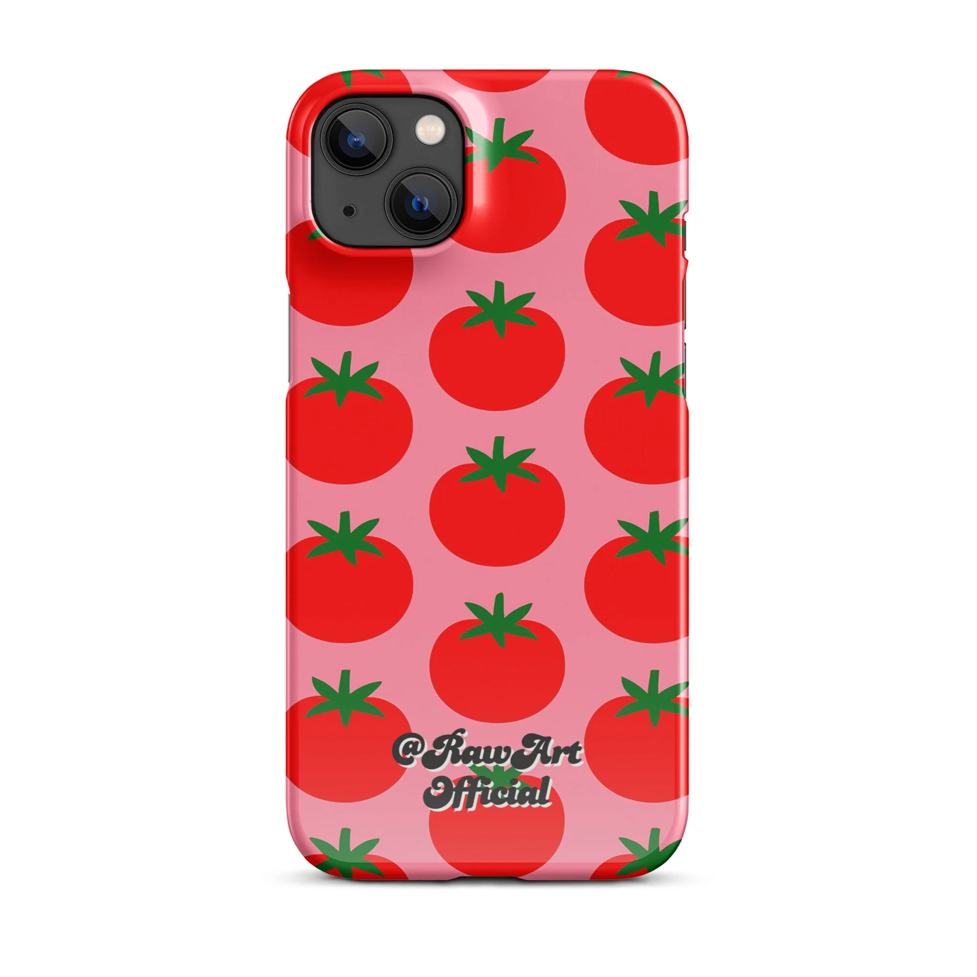 Pink iPhone case with red tomato fruit pattern, retro fruity design.