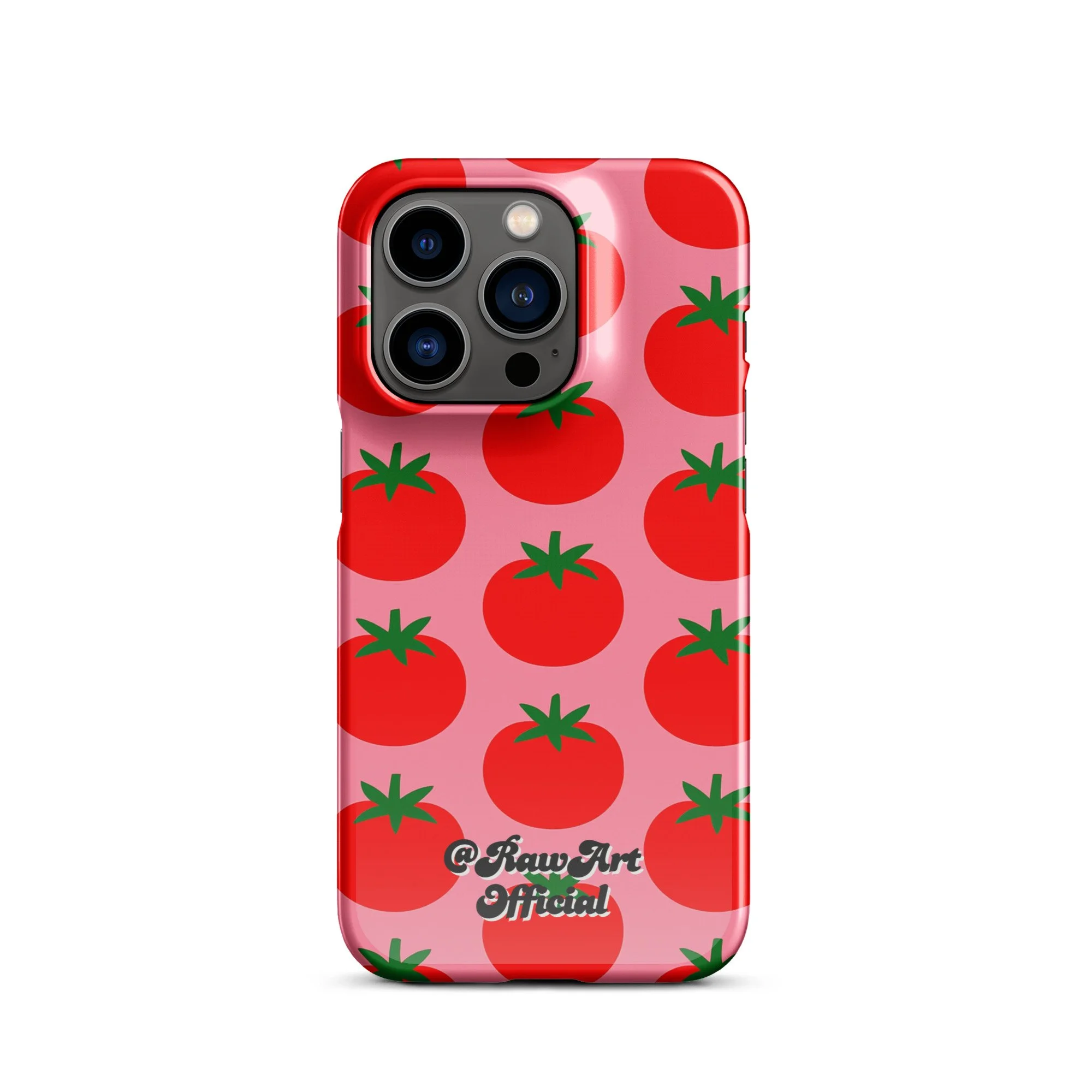 Pink iPhone case with red tomato fruit pattern, retro fruity design.