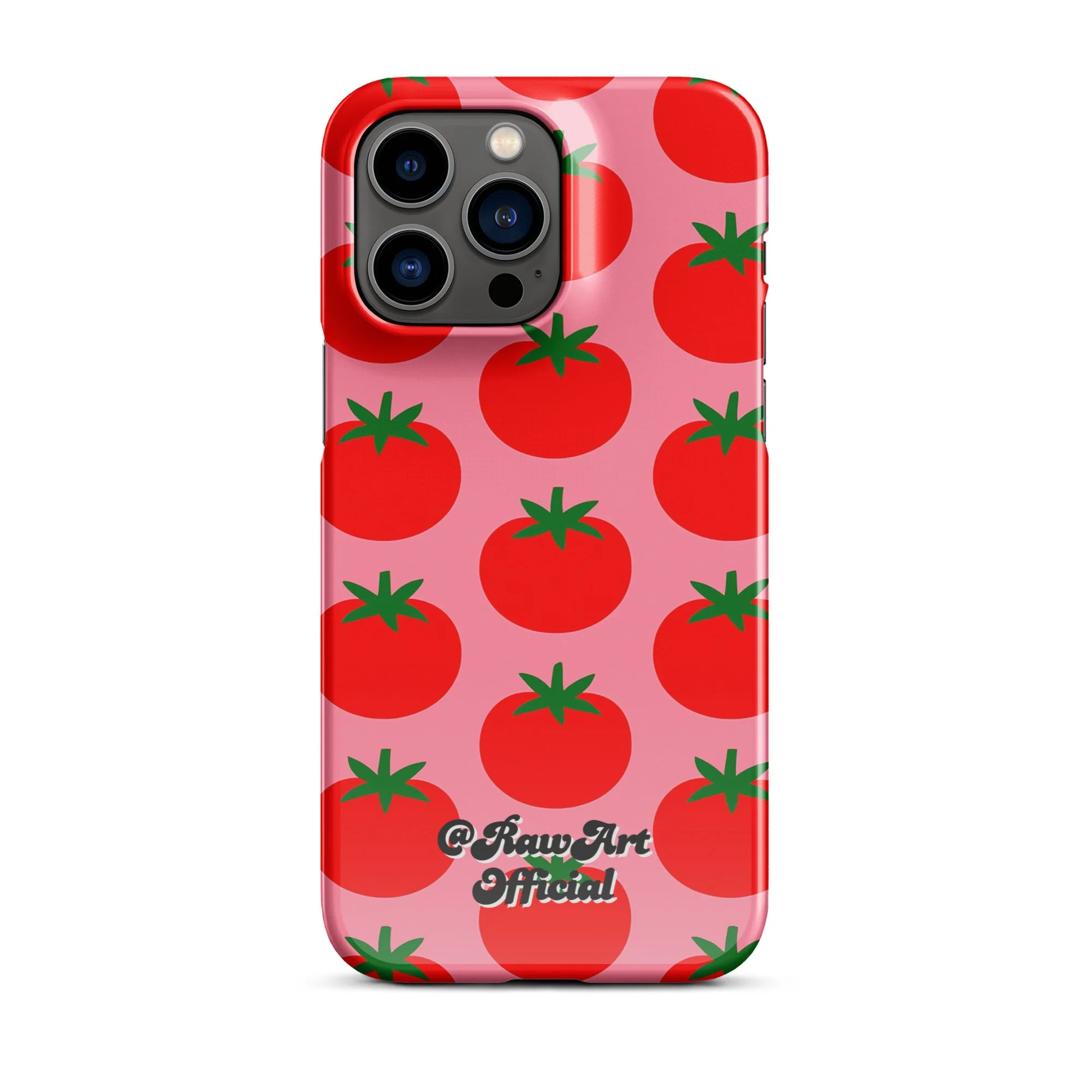 Pink iPhone case with red tomato fruit pattern, retro fruity design.
