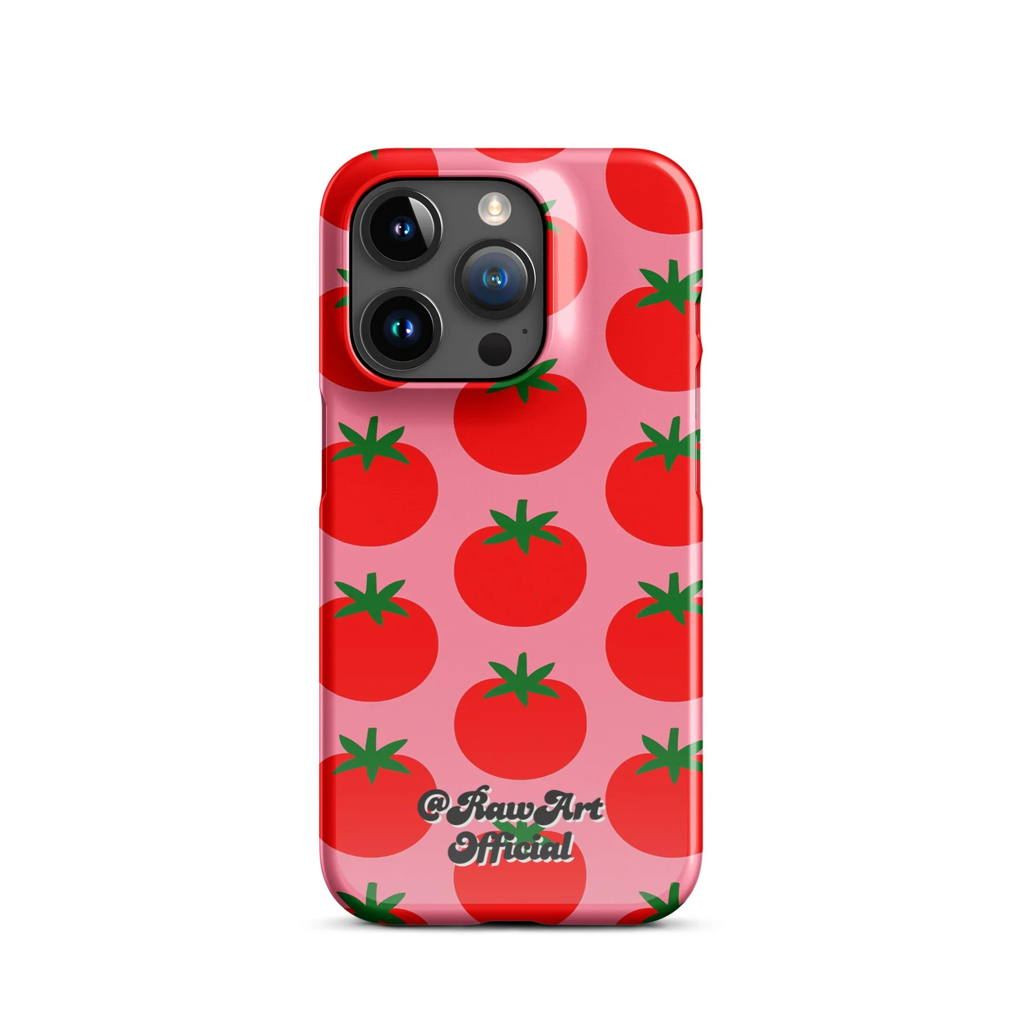 Pink iPhone case with red tomato fruit pattern, retro fruity design.