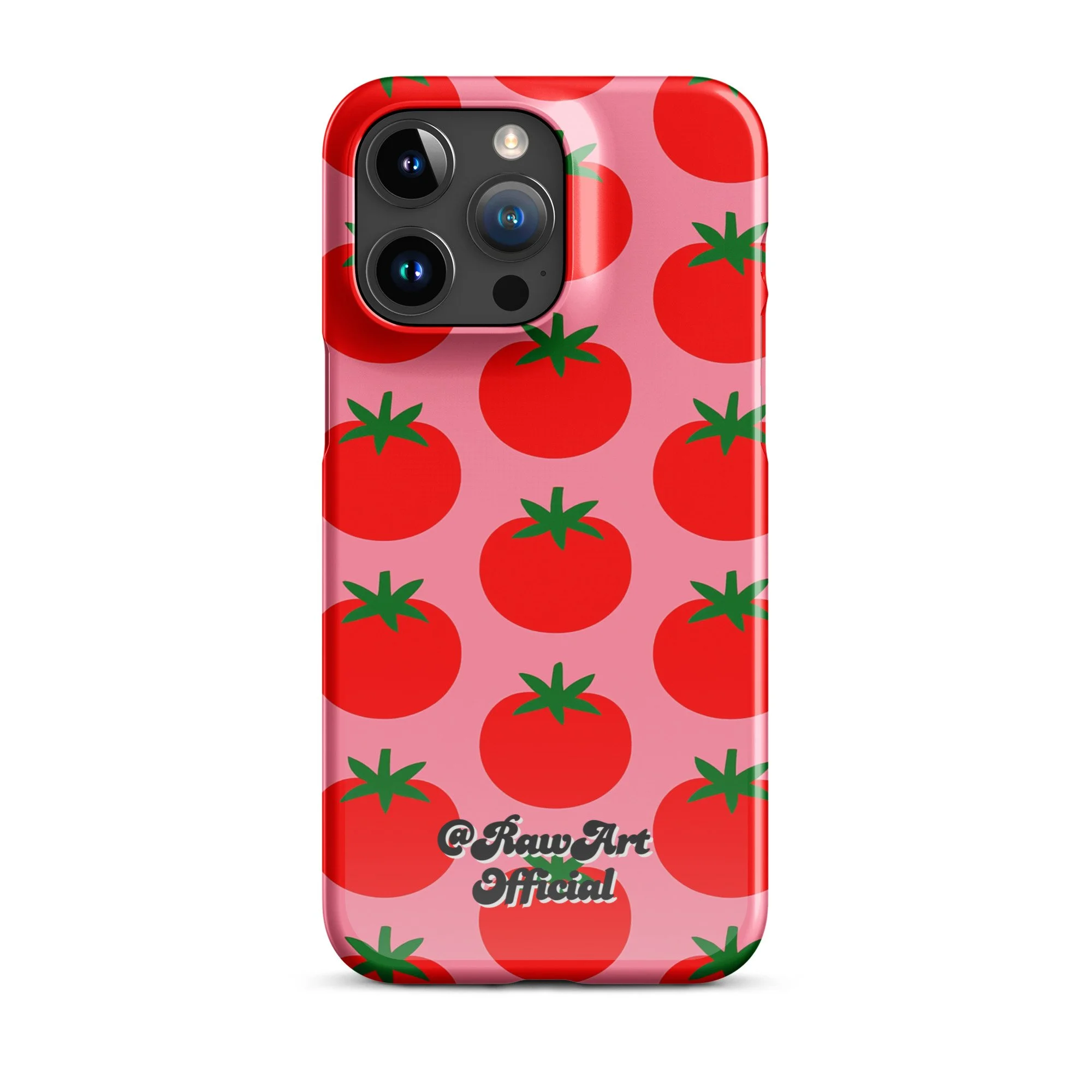 Pink iPhone case with red tomato fruit pattern, retro fruity design.