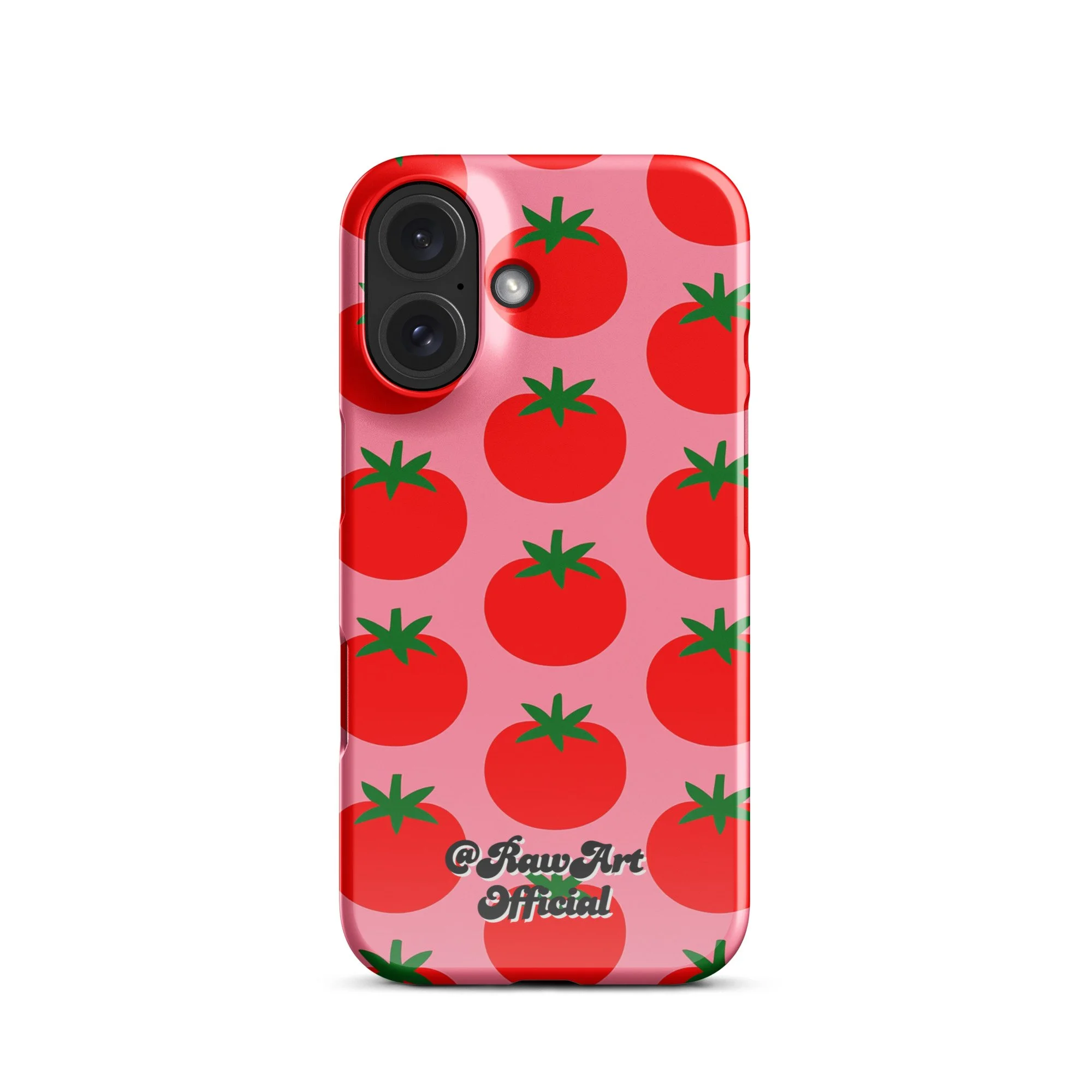 Pink iPhone case with red tomato fruit pattern, retro fruity design.