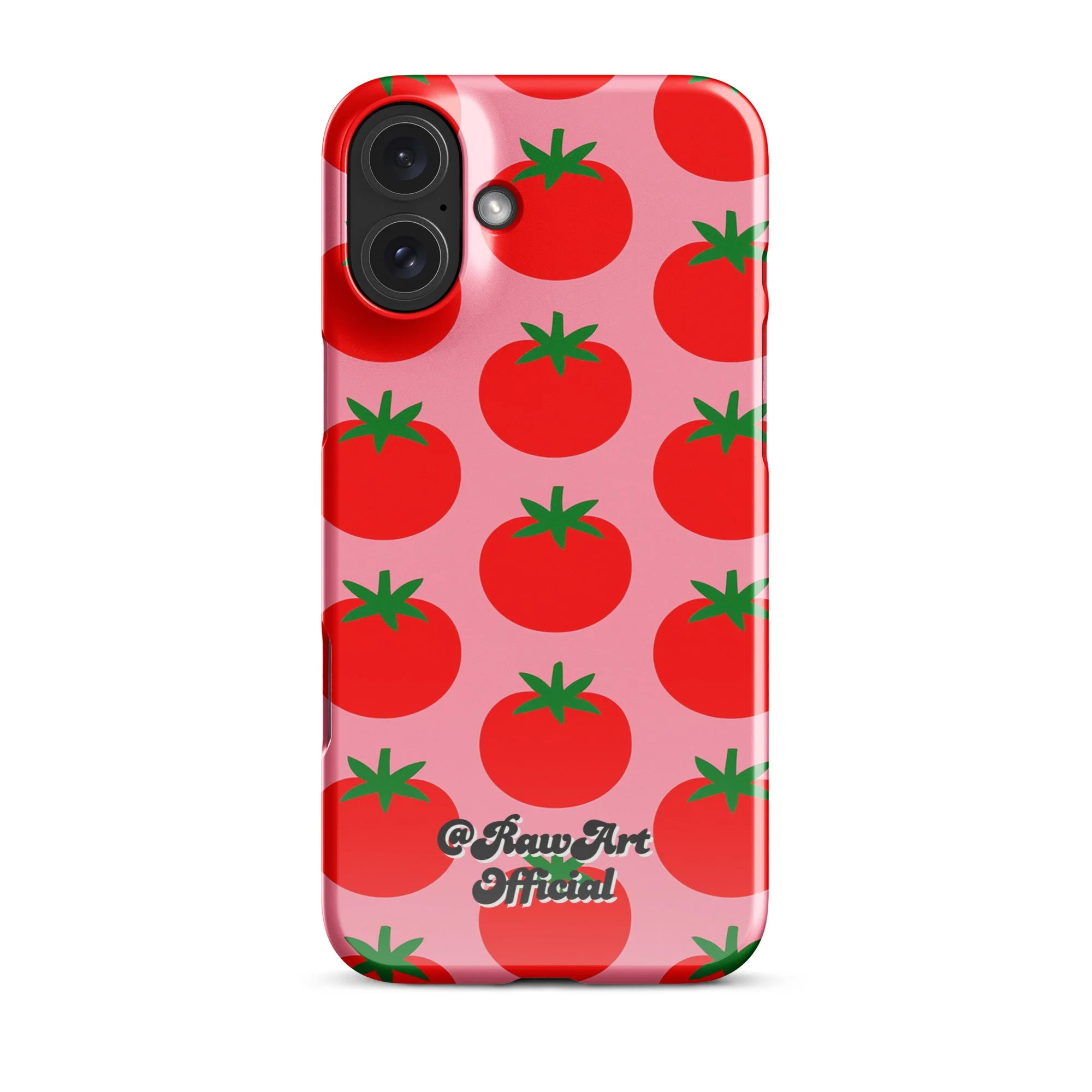 Pink iPhone case with red tomato fruit pattern, retro fruity design.