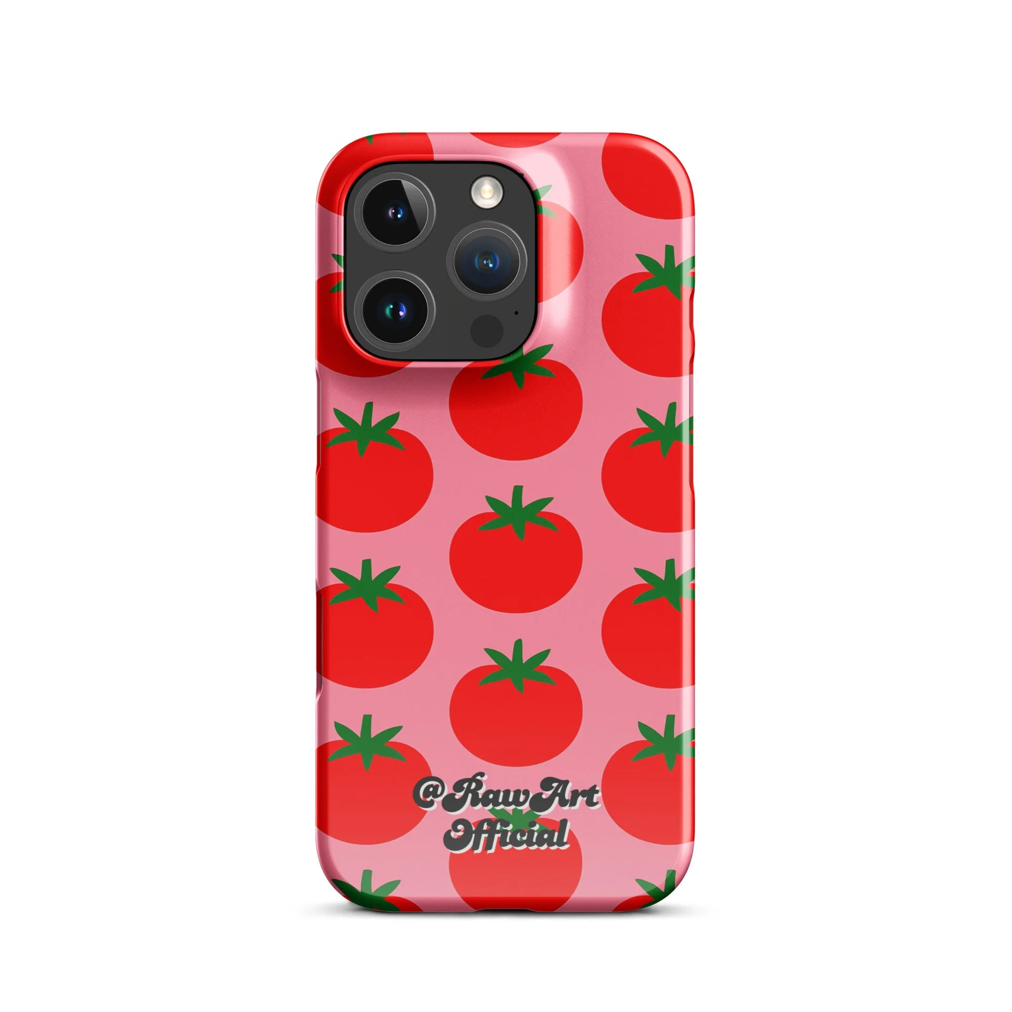 Pink iPhone case with red tomato fruit pattern, retro fruity design.