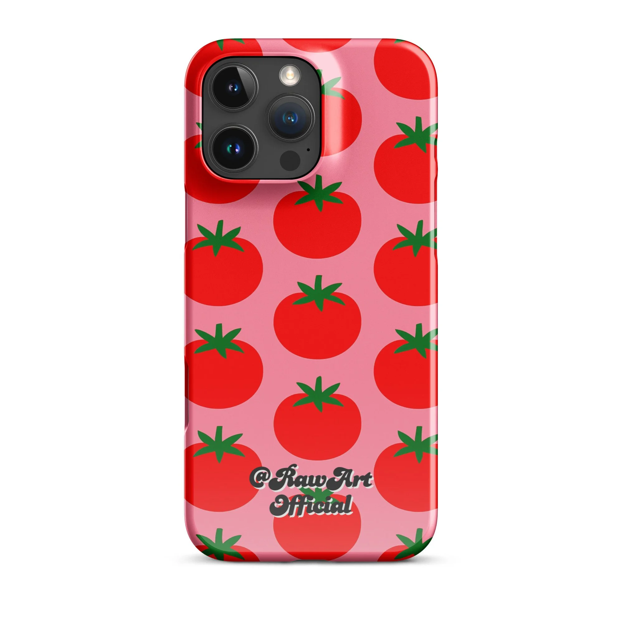Pink iPhone case with red tomato fruit pattern, retro fruity design.