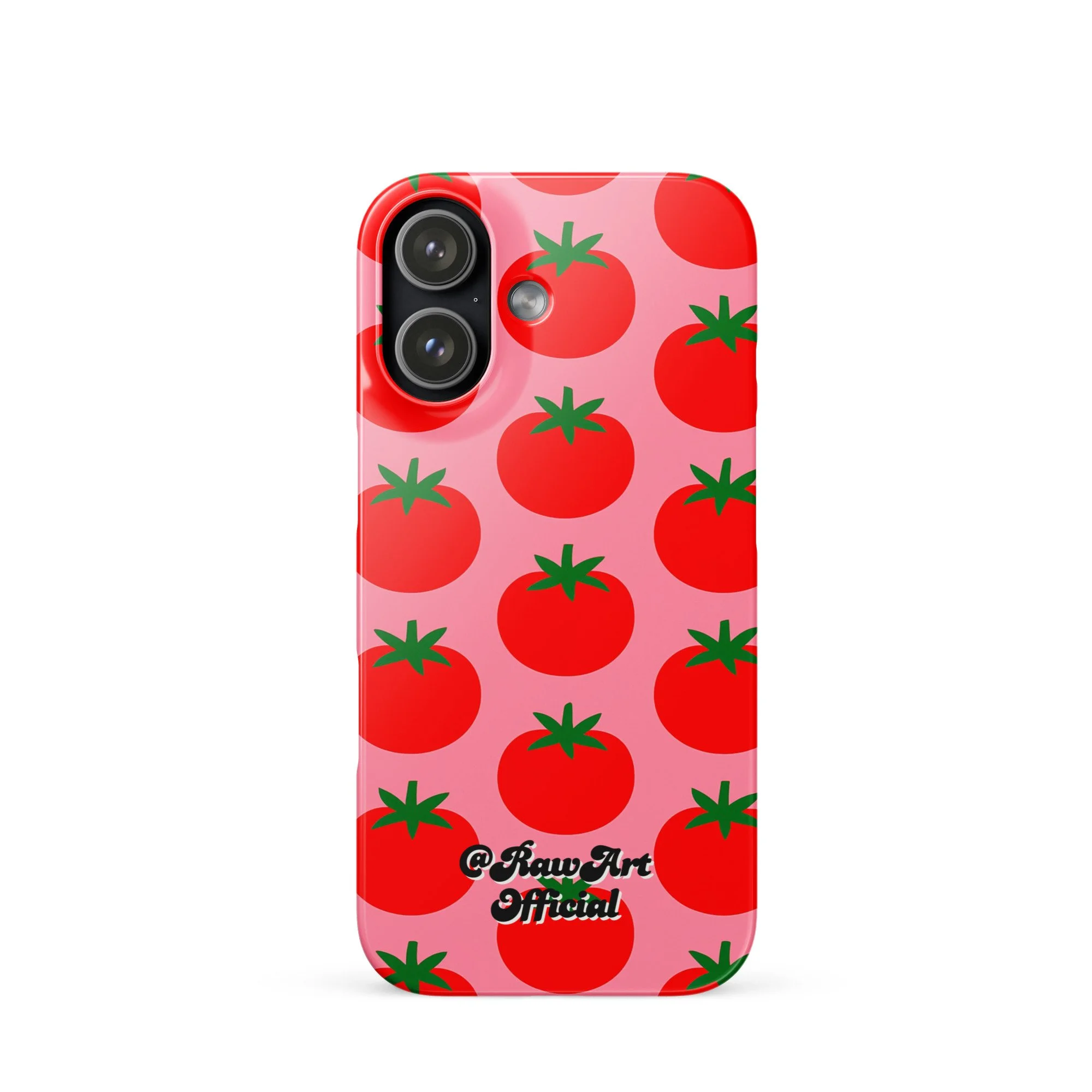Pink iPhone case with red tomato fruit pattern, retro fruity design.