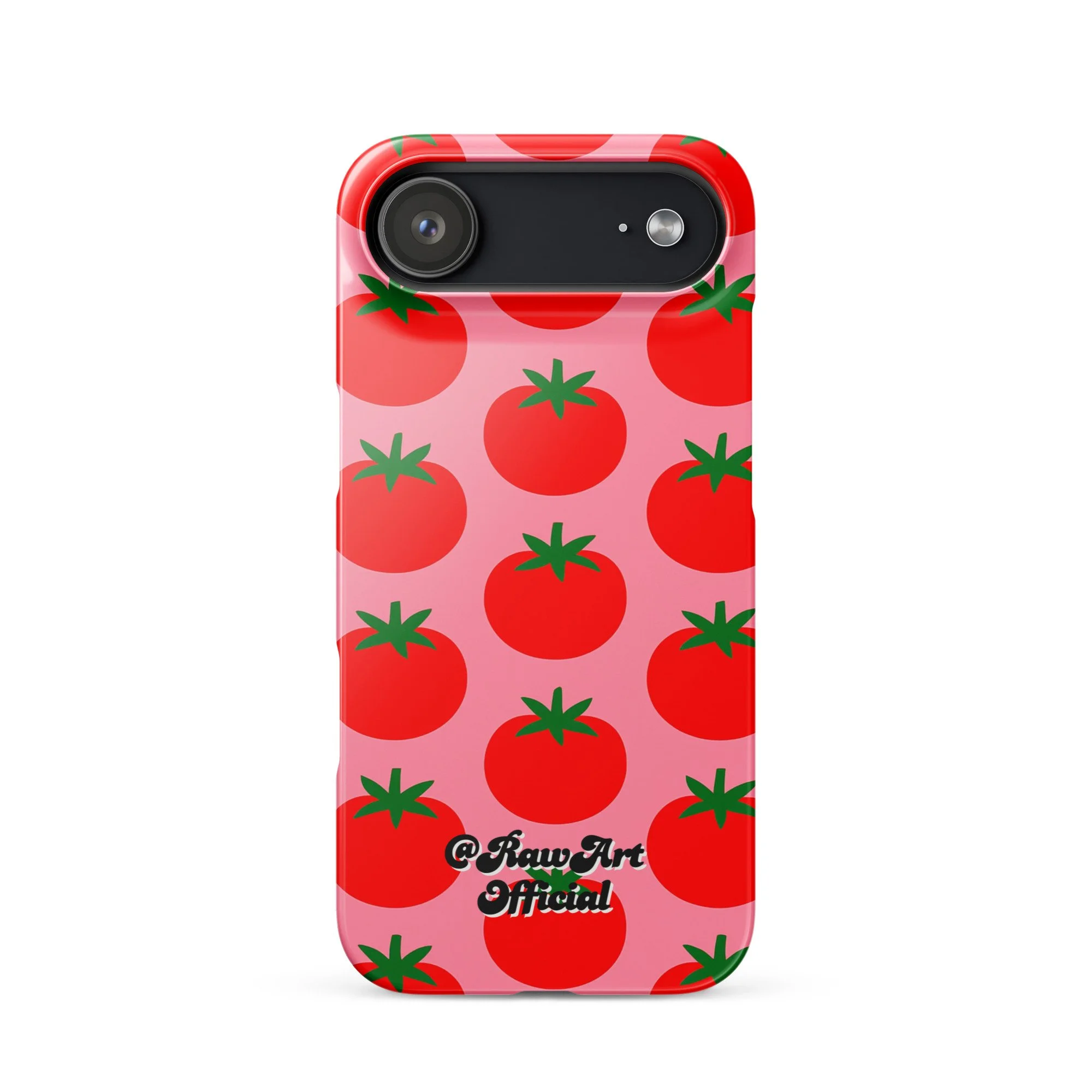 Pink iPhone case with red tomato fruit pattern, retro fruity design.