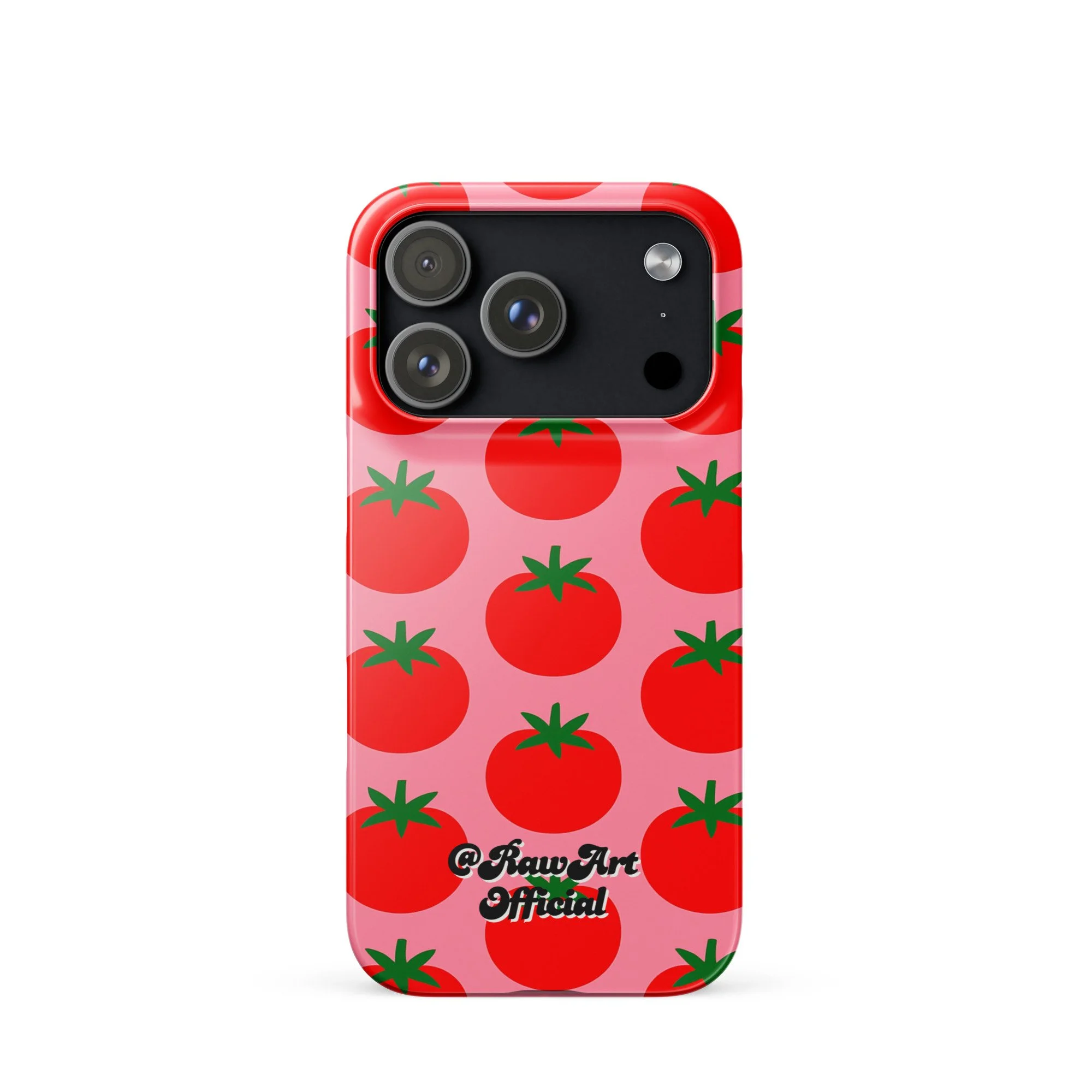 Pink iPhone case with red tomato fruit pattern, retro fruity design.