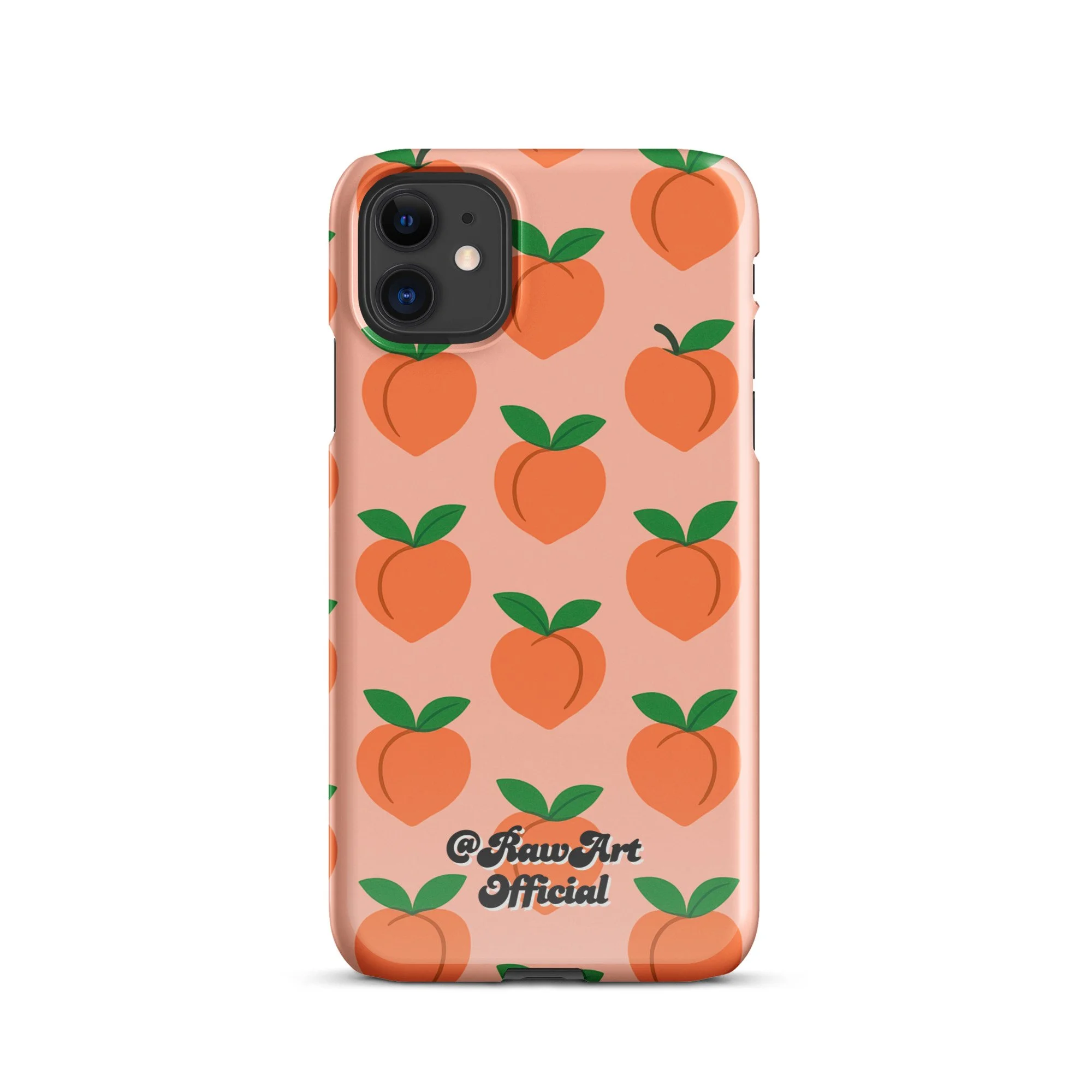Pink iPhone case with orange peach fruit pattern, retro fruity design.