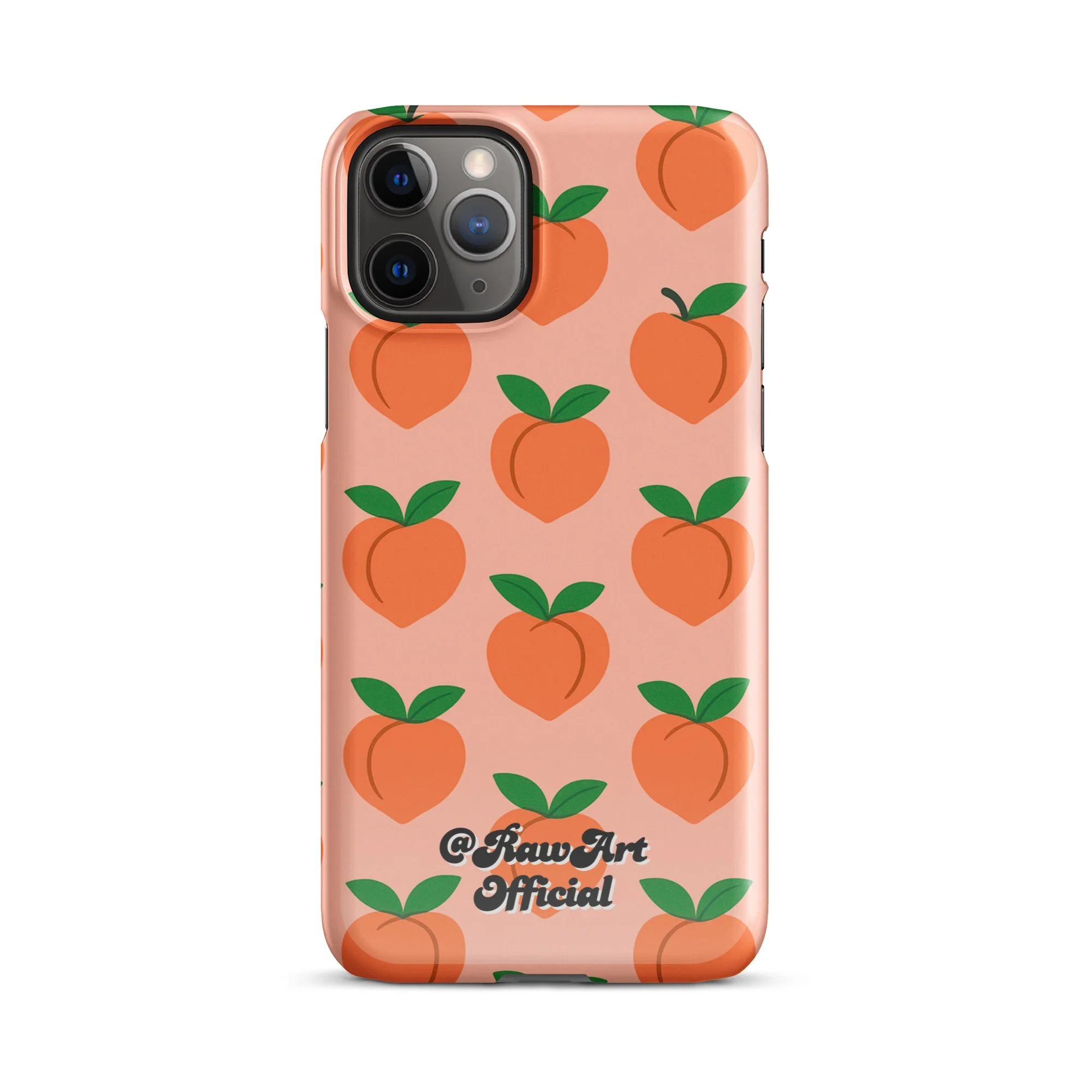 Pink iPhone case with orange peach fruit pattern, retro fruity design.