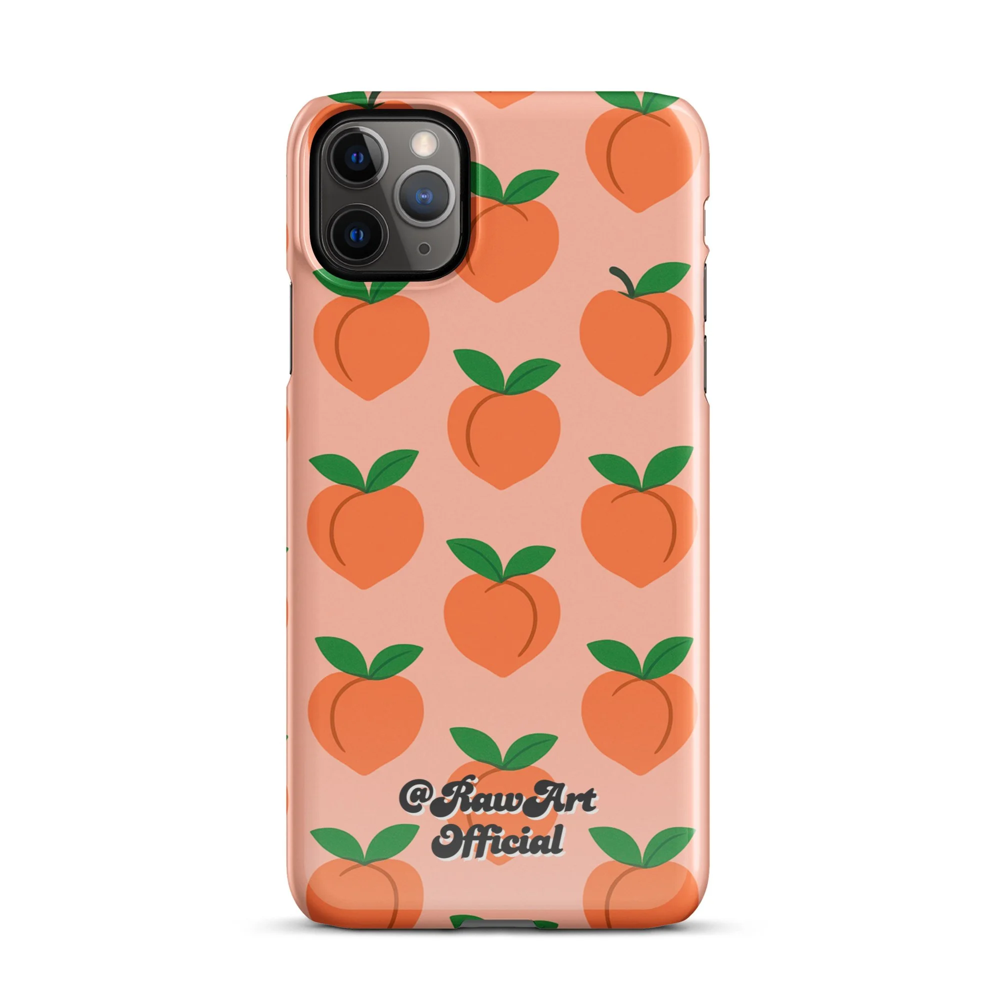 Pink iPhone case with orange peach fruit pattern, retro fruity design.